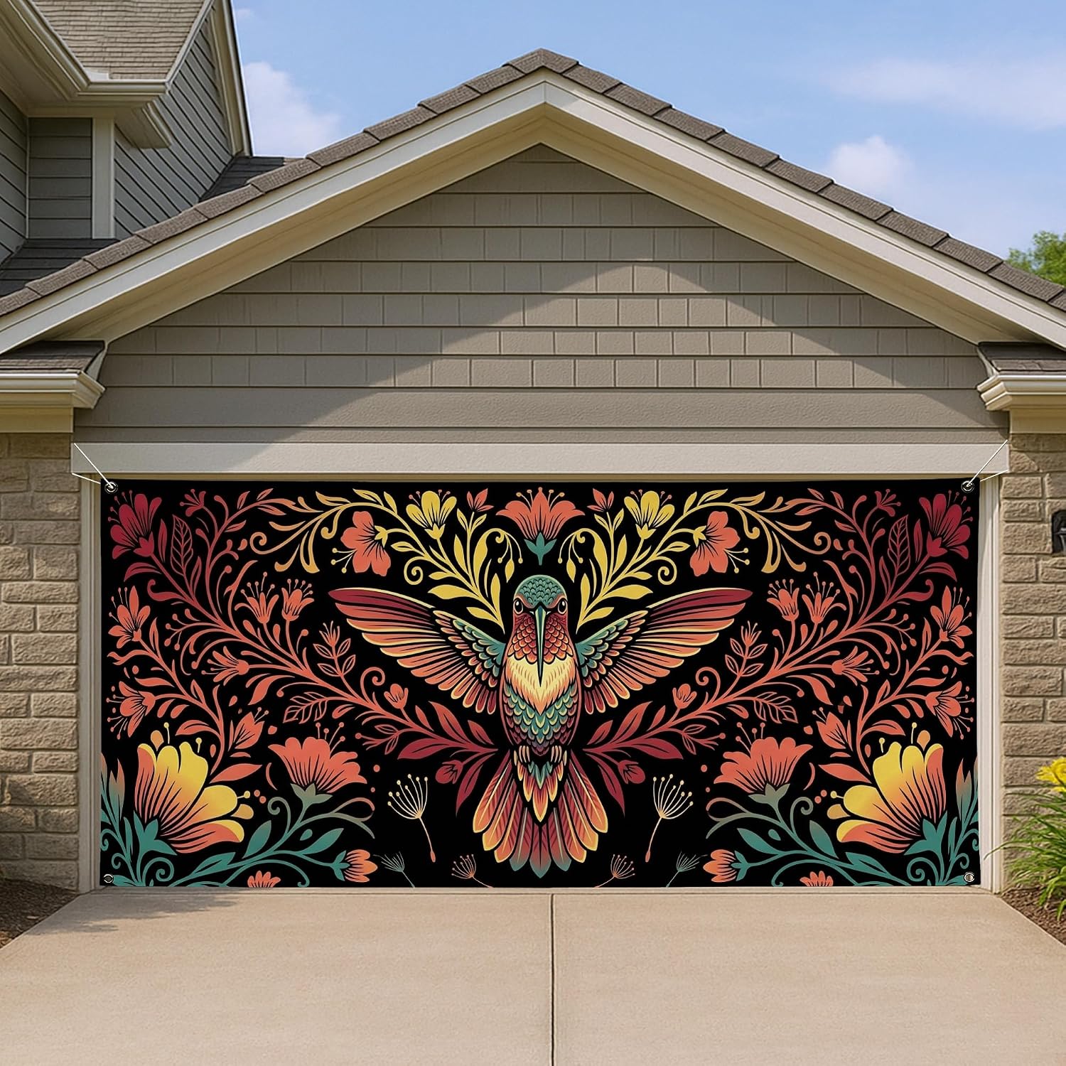 Hummingbird Garage Door Cover, Colorful Bohemian Floral Design for Spring Outdoor Decoration, Vibrant Garden Party Decor 157x71 Inch