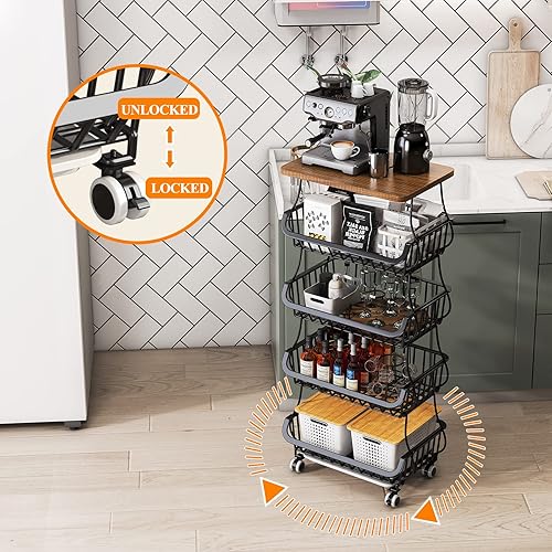 Miniatura 11 de Wisdom Star Cesta de frutas de 5 niveles para cocina, carrito de almacenamiento de verduras con mesa de madera, cesta de verduras para cebollas y