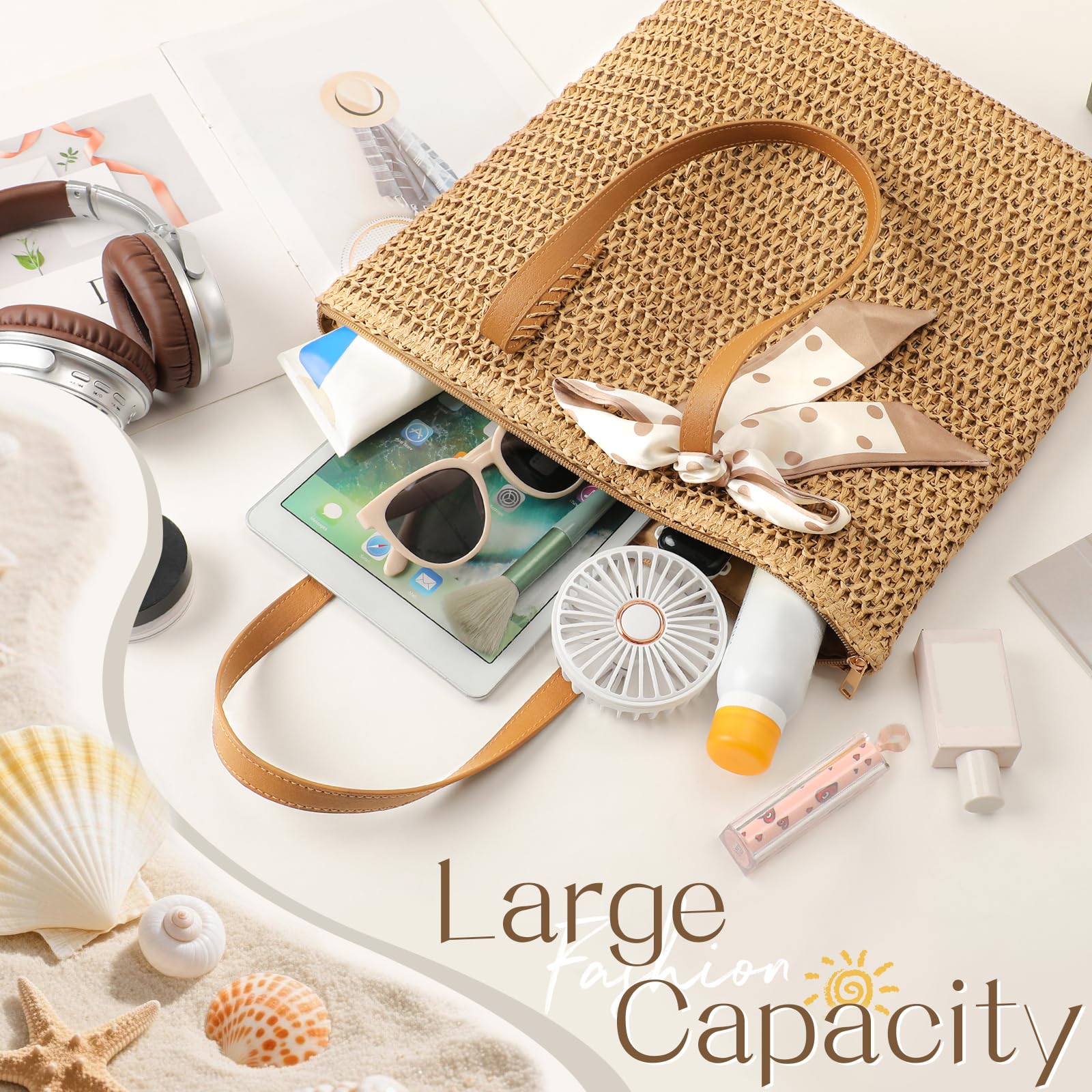 Trifabricy Beach Bags for Women, Large Straw Beach Bag, Beach Tote Bag Shoulder Handbags, Straw Bag Beach Purse for Summer — view 3