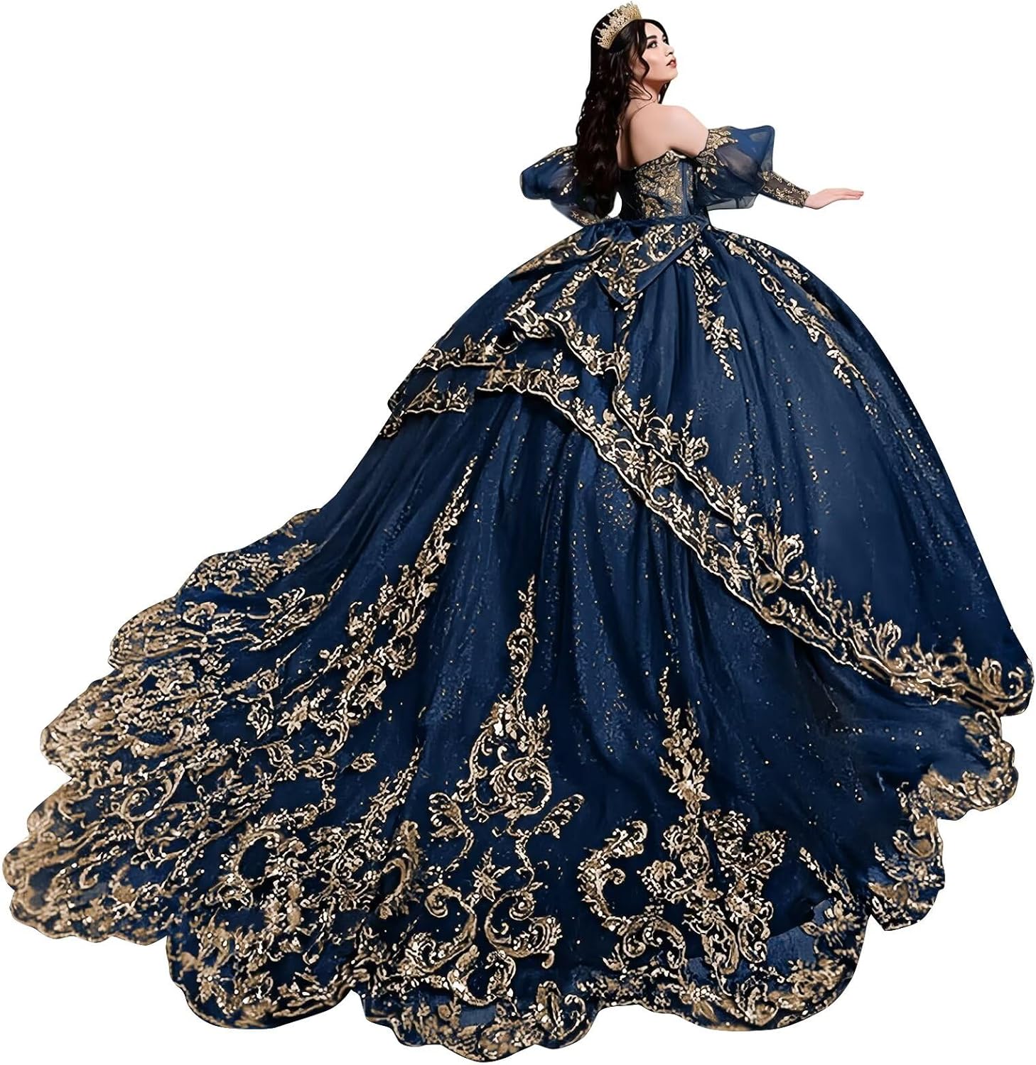 Zhangyo Puffy Sleeve Quinceanera Dresses Sparkly Tulle Sweet 15 16 Dresses with Bow Gorgeous Gold Applique Ball Gown