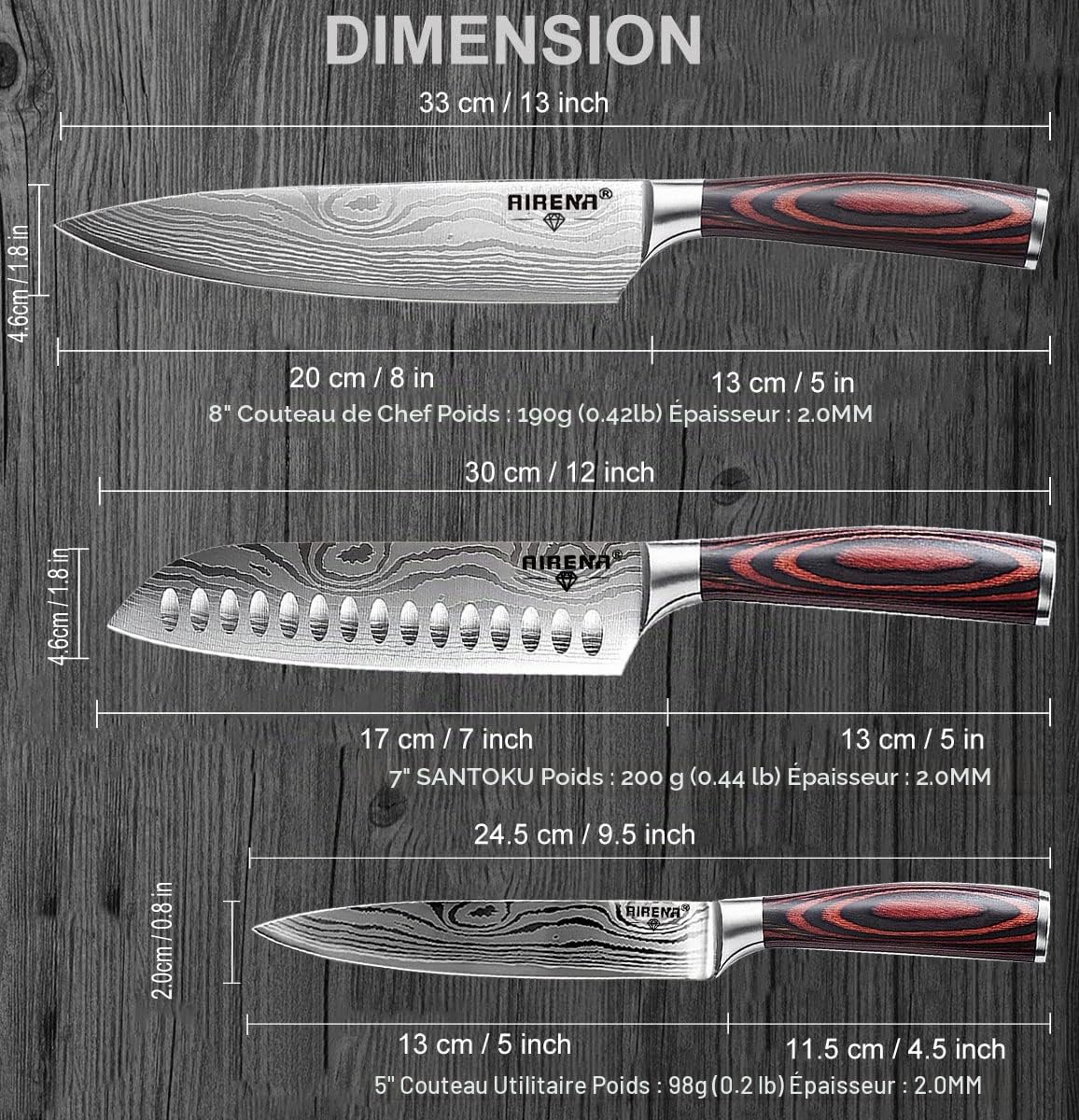 Ensembles de Couteaux | 8" Couteau de Chef | 7" Couteau japonais Santoku | 5" Couteaux Utilitaire | Acier Haut Carbone Ultra Aigu | Set Couteaux de Cuisine avec Poignée Ergonomique et Boîte Cadeau