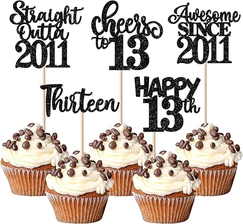Paquete de 30 adornos para cupcakes de 13 cumpleaños con purpurina recta hacia fuera de 2010 Happy 13th Thirteen Awesome Since 2010, 13 fabulosas