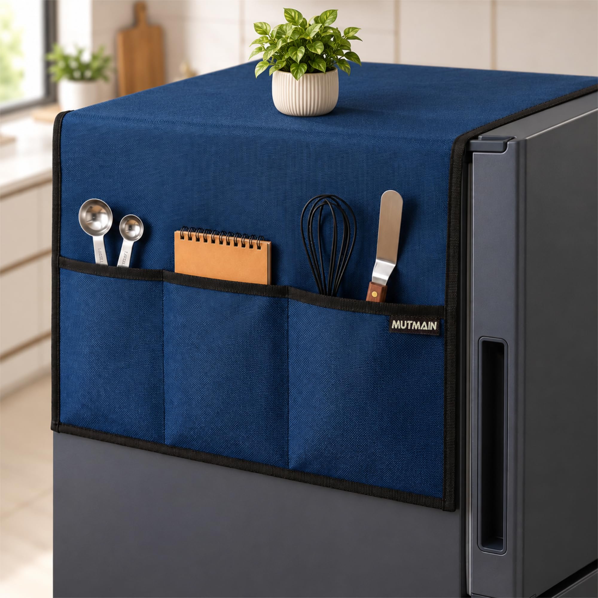 MUTMAIN Fridge Cover Top for Single Door Waterproof (Navy Blue) | Premium Polyester with 6 Pockets for Storage, washable Refrigerator Top cover Kitchen Organizer, (130 x 54 cm)