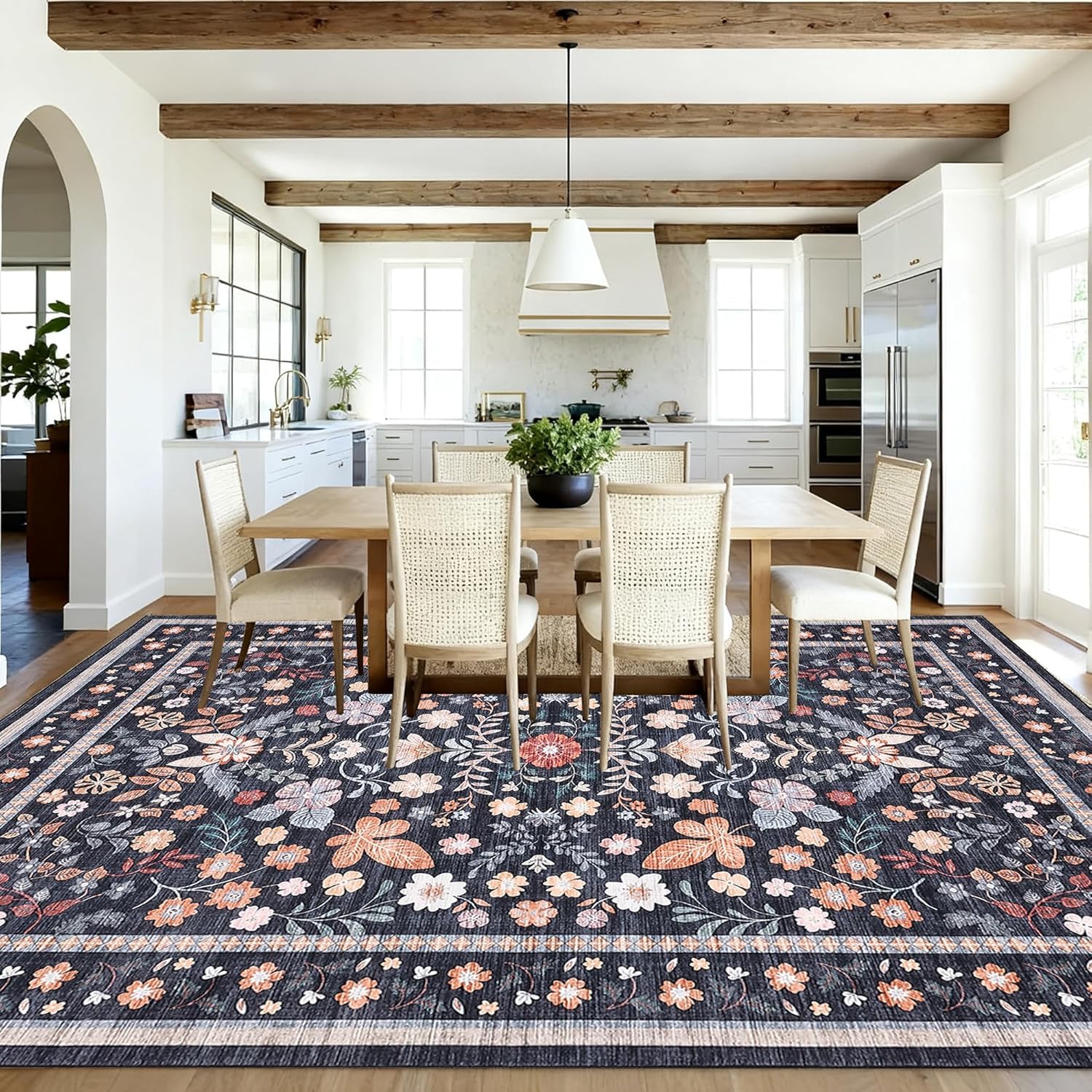 Tapis salle a manger moderne bleu et orange floral pour toute la famille