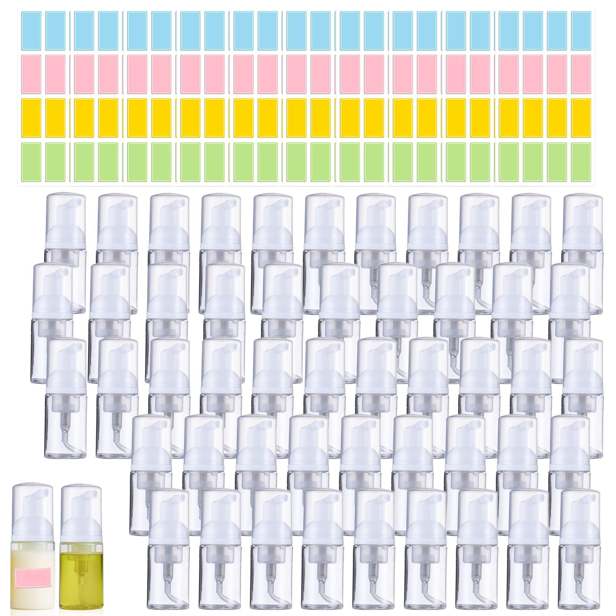 Schaumpumpenflasche, klein, für Mousse-Schaumseifenspender, transparenter Kunststoff, leer, nachfüllbar, Mini-Schaumpumpflasche für Gesichtswäsche, Shampoo, Hautpflege, mit 160 Etiketten (30 ml), 50
