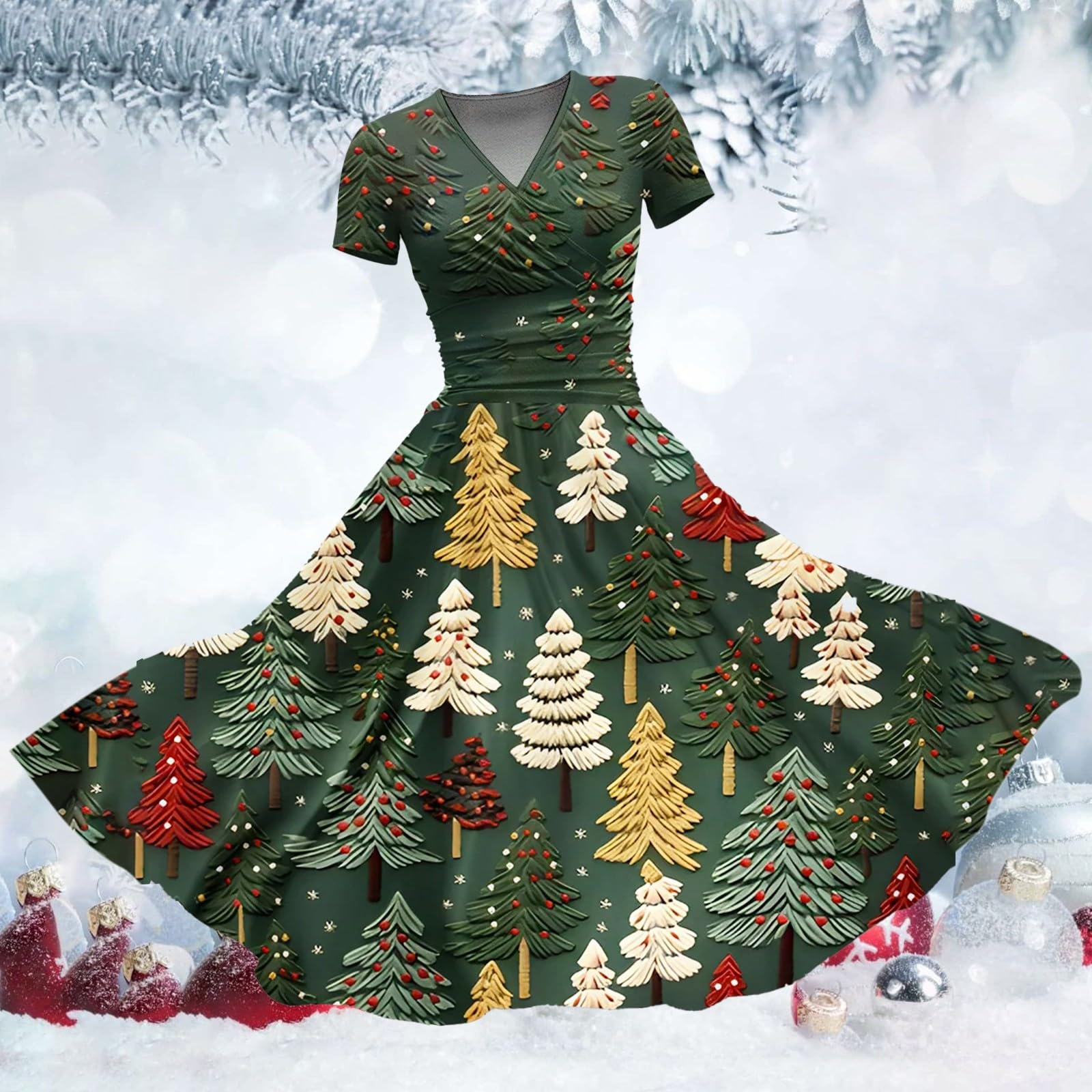 Abito da donna con scollo a V, a maniche corte, casual, con stampa natalizia, nero glitterato
