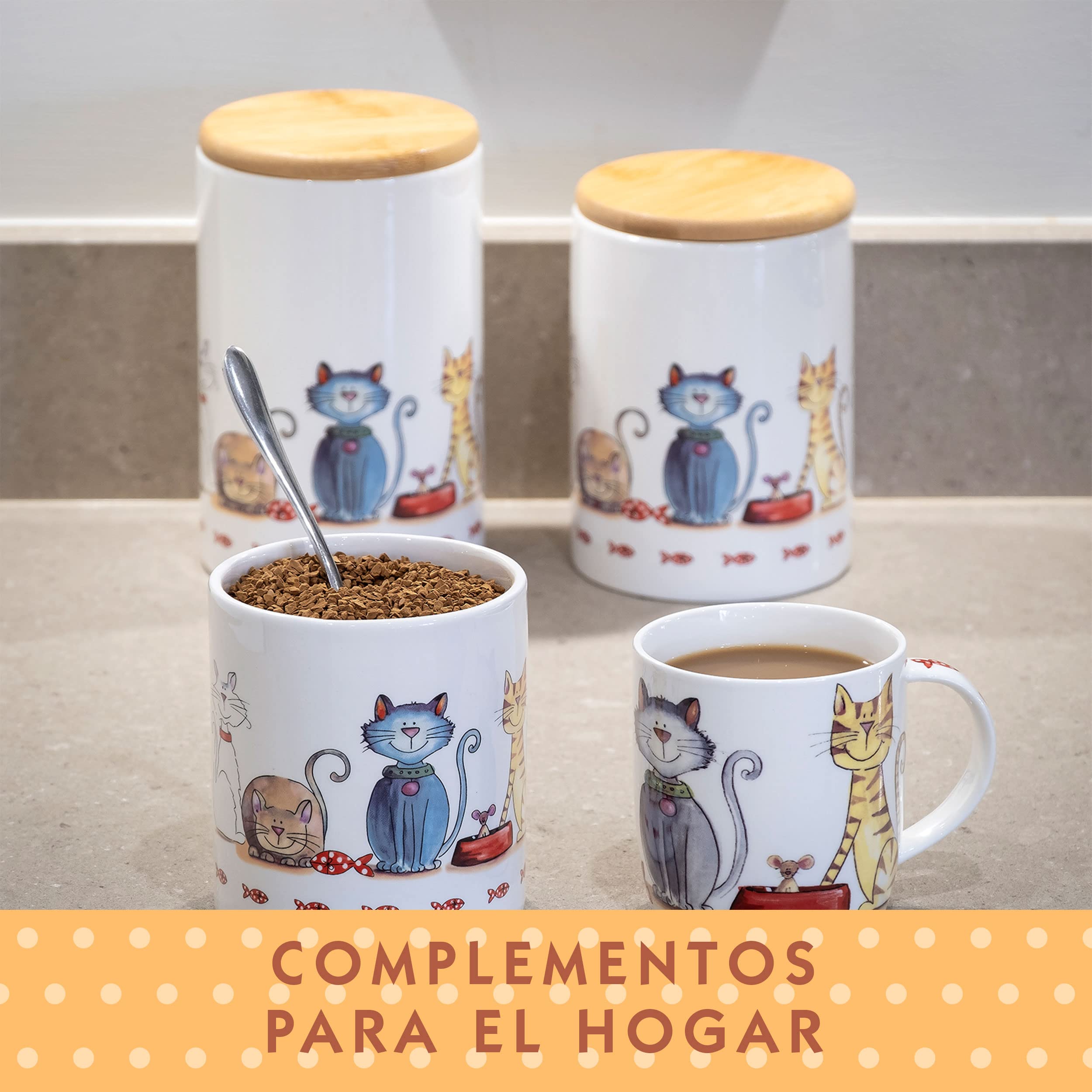 SPOTTED DOG GIFT COMPANY Juego de 3 Botes Cocina Almacenaje de Cerámica con Estampado de Gatos Bonitos, Recipientes Herméticos para Alimentos con Tapa, Regalos para Amantes de los Gatos