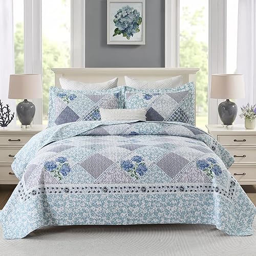 PANGUSHAN 100% Cotton Quilt Set King Size, King Quilt Bedding Set Bedspreads, Reversible Floral Farmhouse Lightweight Comforter Quilt for King Bed, Blue/Violet Bed Spread for All Season