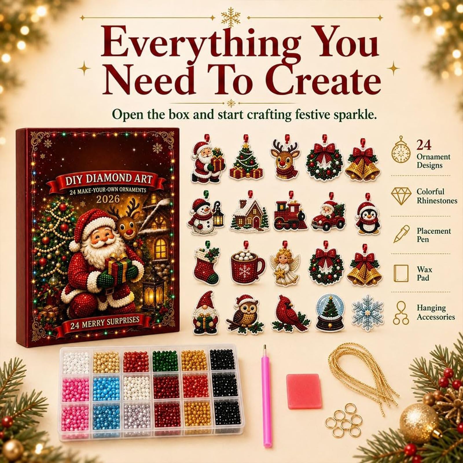 24 Weihnachtsornamente zum Basteln und Aufhängen, Adventskalender 2026 (2PCS)