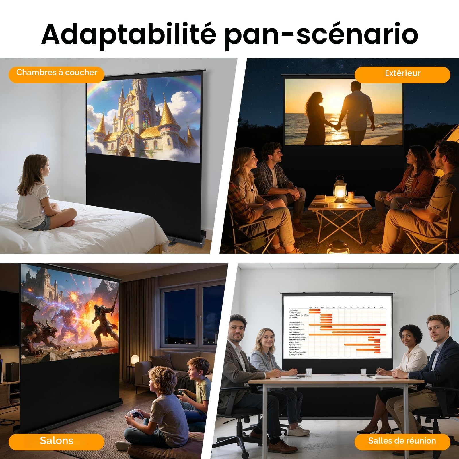 Écran de Projection Portable de 80" 16:9- avec Support - Projecteur de Sol Rapide - pour Home cinéma, Camping et événements de Loisirs - 4K et 8K