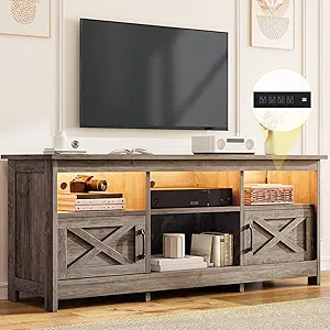 DWVO TV Stand for up to 65 Inch TV, Entertainment Center with Storage, TV Cabinet with Power Outlet & LED Light Strip, Media Console Television Stands for Living Room, Washed Grey