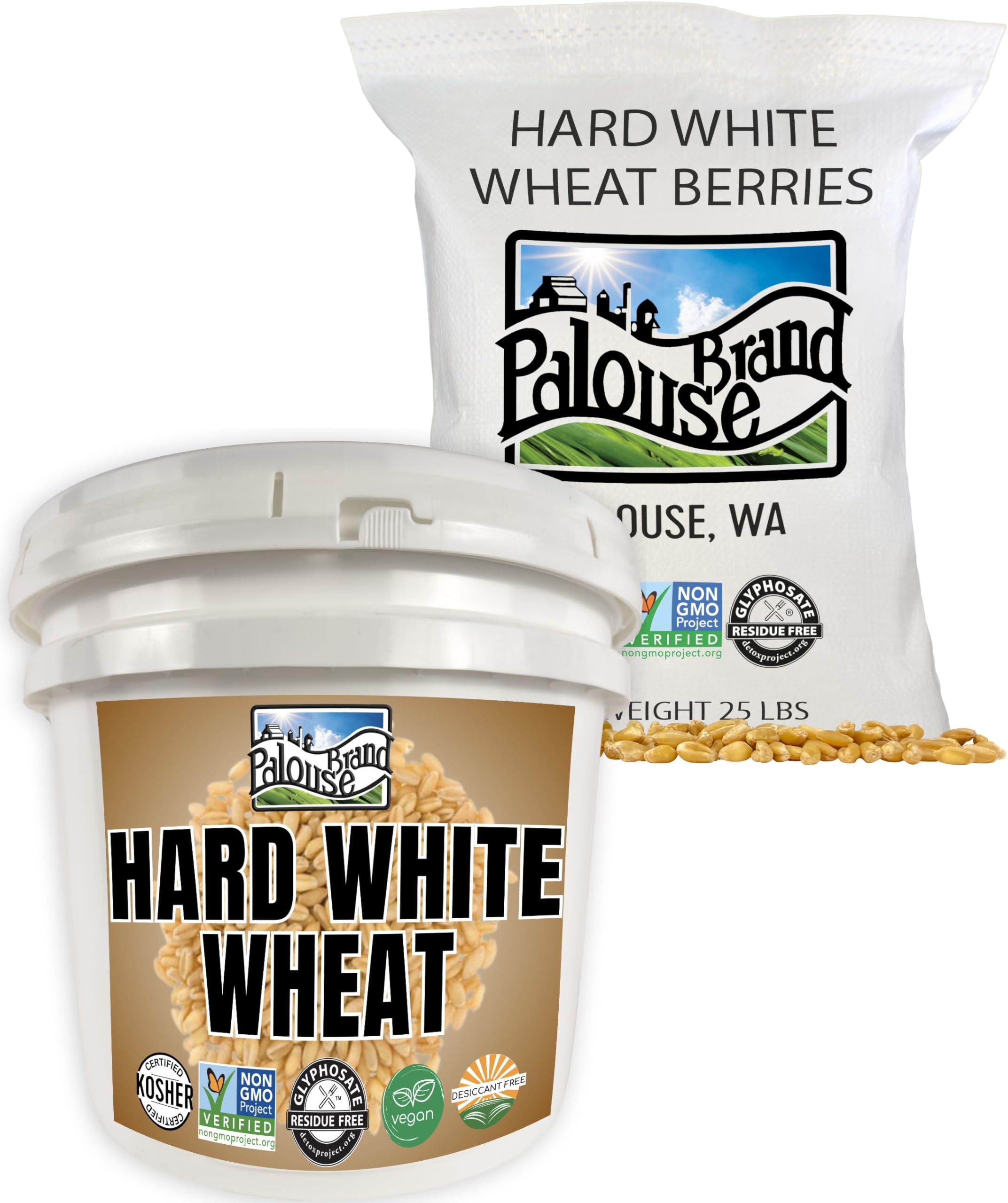 Palouse Brand Certified Glyphosate Residue Free | Hard White Wheat Berries | 25 lb Bucket and 25 lb Poly Bag Refill | Sproutable | Non-GMO Project
