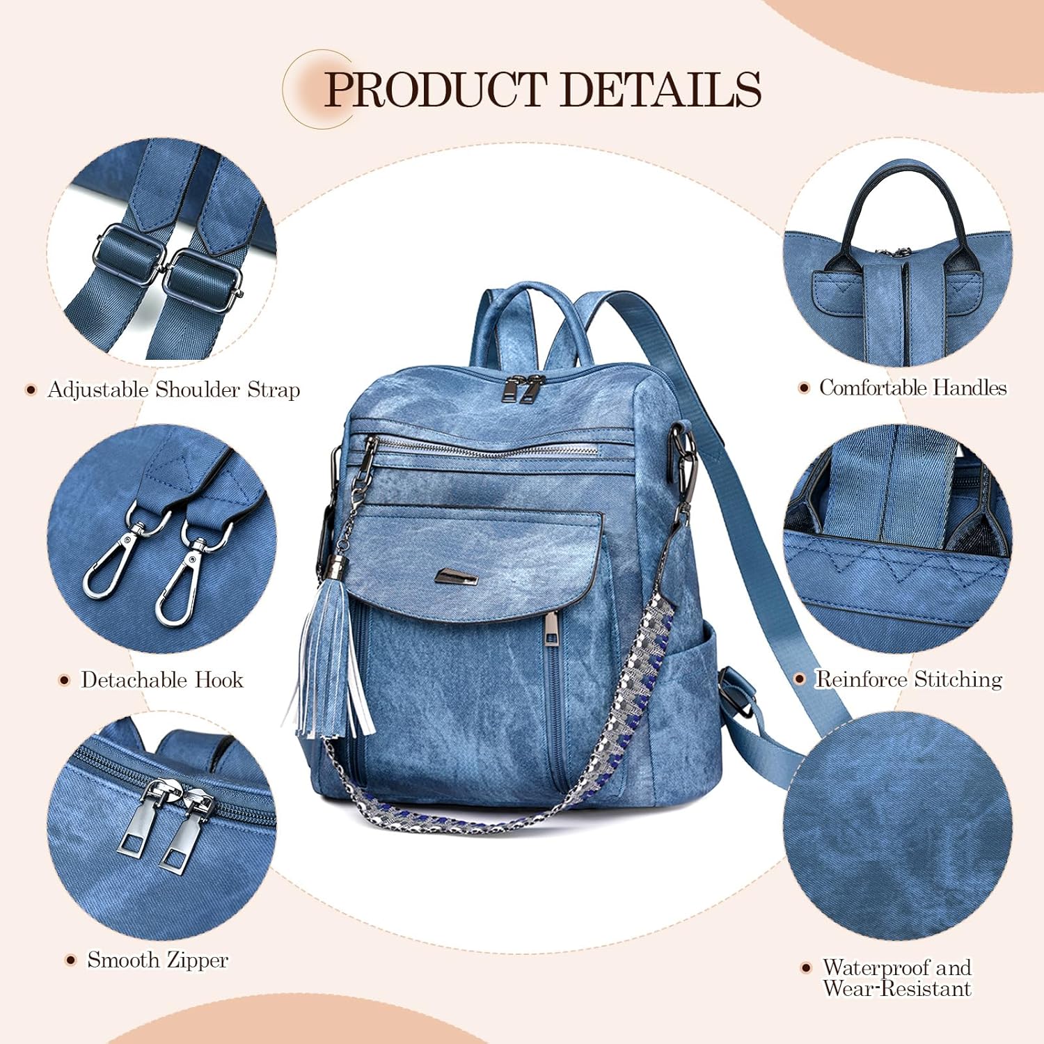 Backpack Purse for Women Pu Leather Backpack Fashion Ladies Shoulder Bag Handbags for Travel Daily Use - Image 7