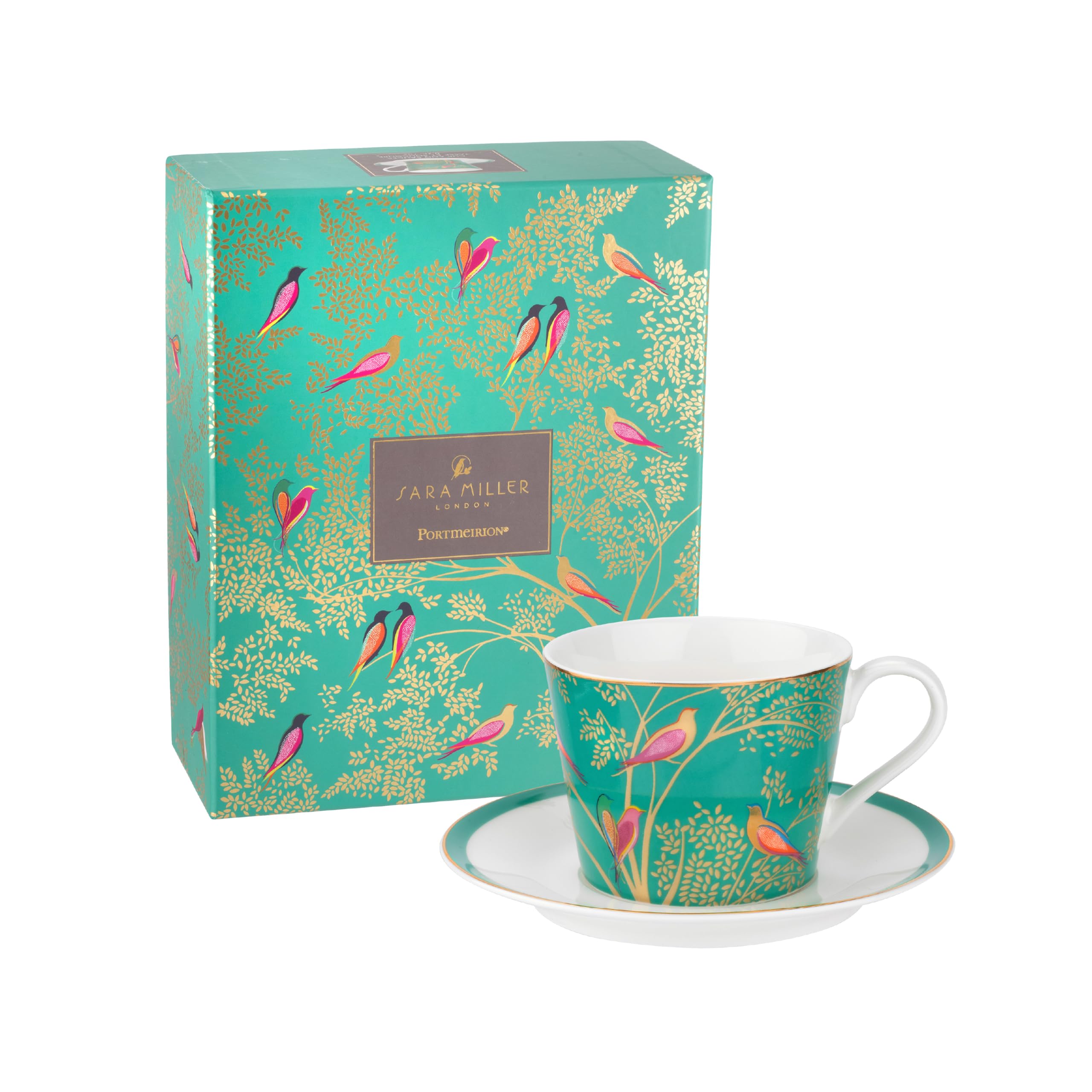 Portmeirion x Sara Miller London Cup and Saucer Gift Set - Green & White Tea Cup and Saucer with 22ct Gold Detailing, Chelsea Collection
