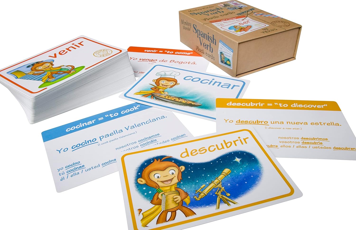 Spanish Verb Flash Cards by Monkey Wonder - Learn Spanish with 98 Verbs Defined with Full Conjugation, for Kids and Adults, Home and Classroom Back-to-School - Image 3