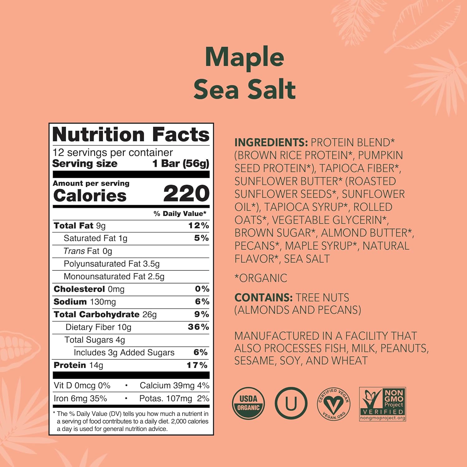 Aloha Organic Maple Sea Salt Protein Bar, 12 ct