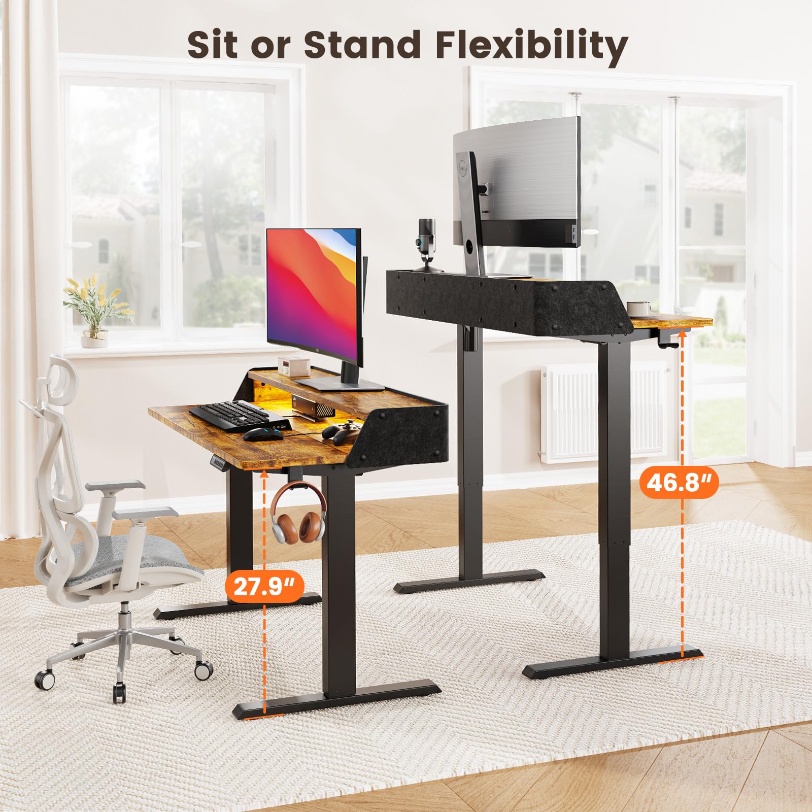 ErGear Standing Desk with LED Strip 48 x 24 Electric Height Adjustable RGB Gaming Table with Shelf Sit — view 3
