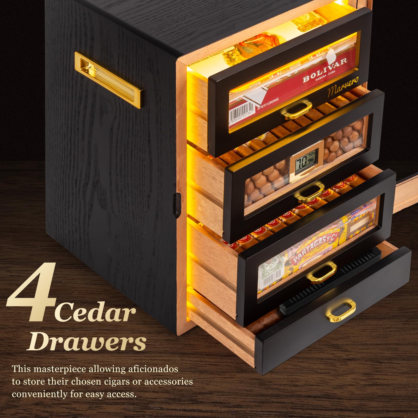 Humidor do cygar biurkowych z 5 szufladami z drewna cedrowego, cyfrowy higrometr, nawilżacz powietrza i pakiety nawilżające, na 200 cygar, czarny