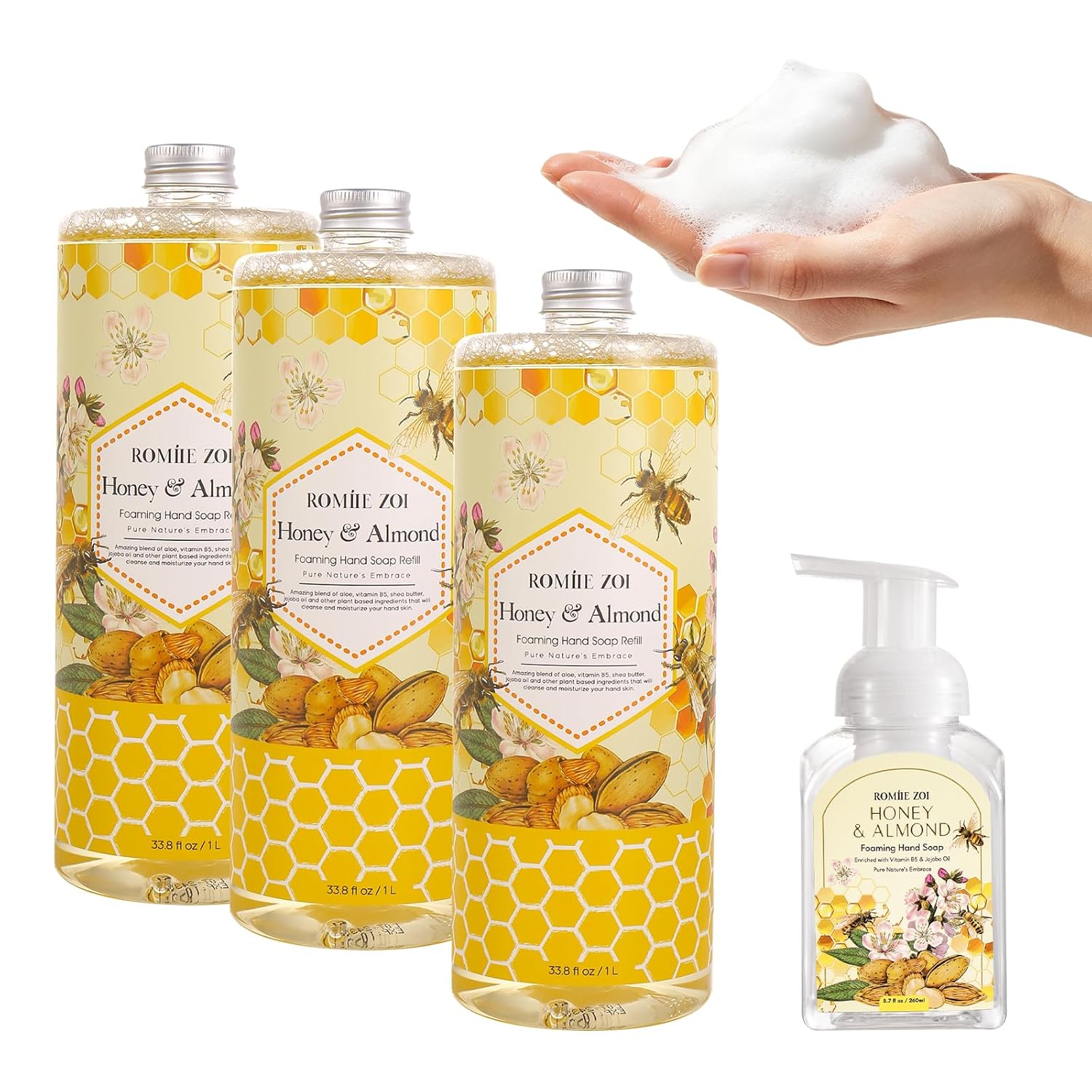 ROMIIE ZOI Foaming Hand Soap Refill- Natural Honey & Almond Fragrance Gentle & Moisturizing Formula Hand Soap Refills with Dispenser for Home & Kitchen, 1 L/ 33.8 FL OZ pack of 3