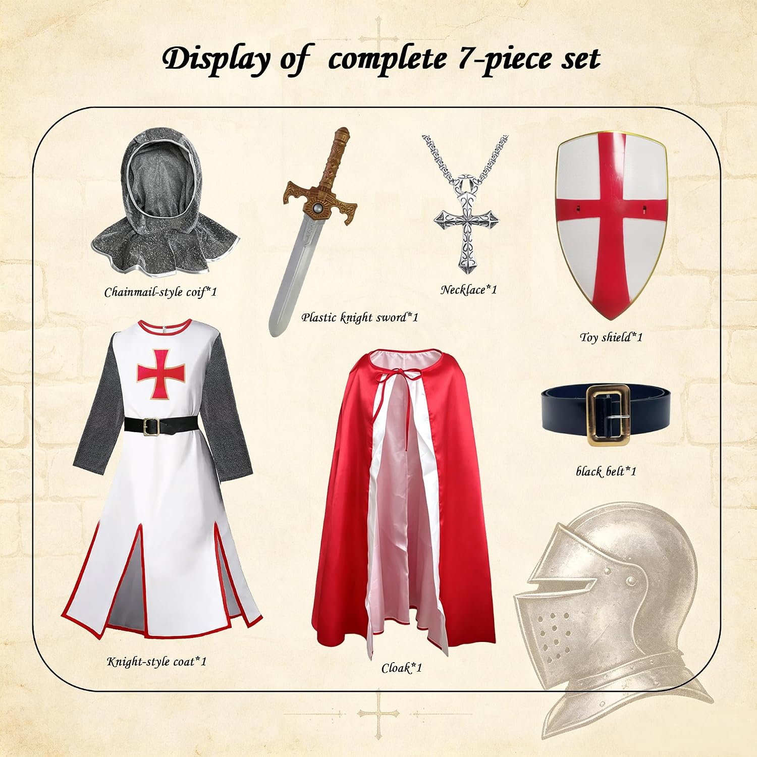Akokvlar 7 Pcs Kids Medieval Crusader Boys Knight Renaissance Costume