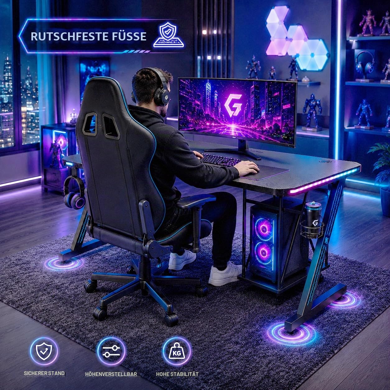 MY SIT Gaming Tisch Gizmo mit Farbwechsel LED Beleuchtung - Kopfhörerhalter PC-Halter und Getränkehalter - Leistungsstarkes Kabelmanagement - Gamer Schreibtisch Gaming Computertisch in Schwarz