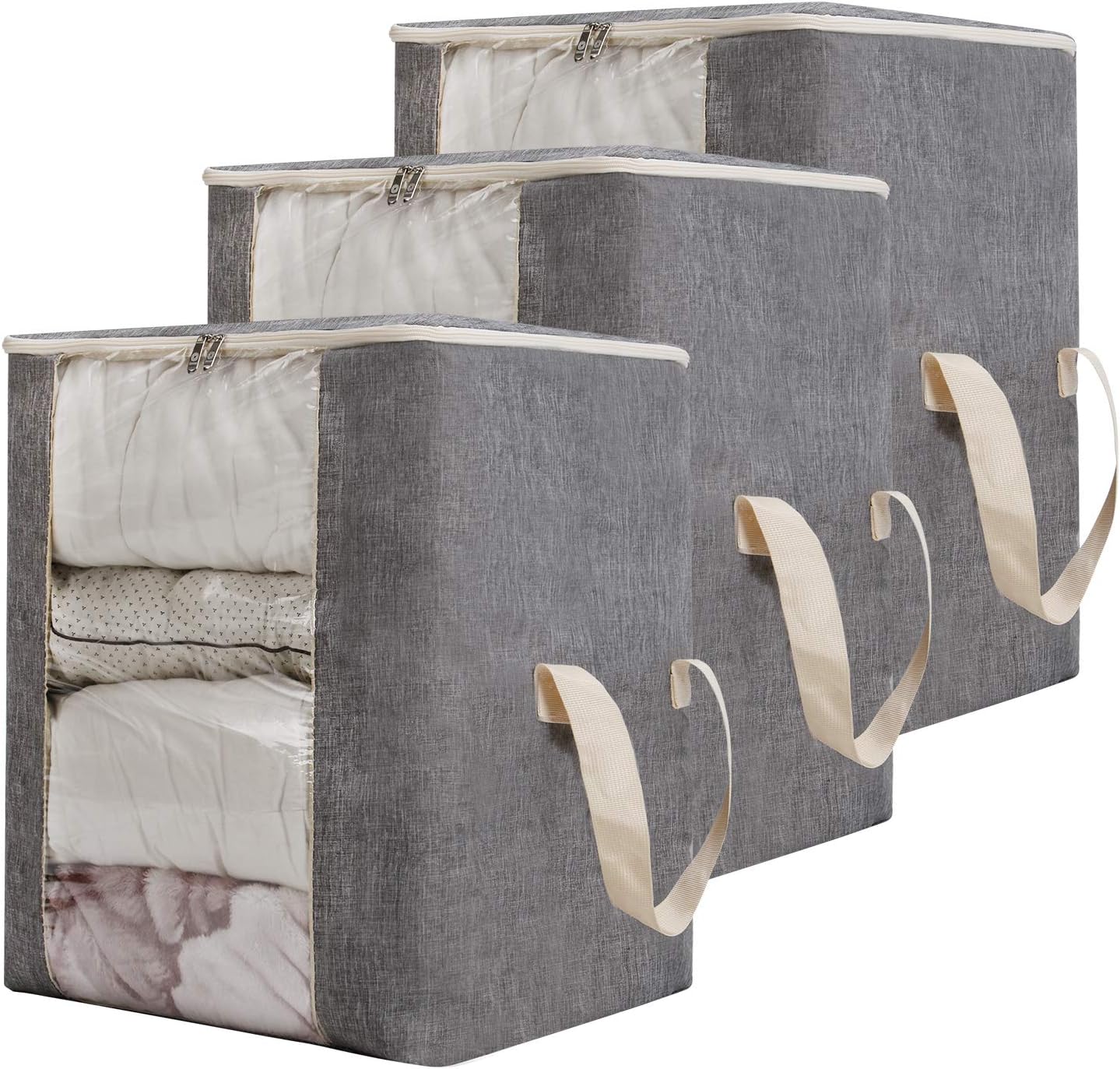 Qozary 3 Pack Large Storage Bags for Comforters, Blankets, Clothes, Quilts and Towels, Better and Sturdy Under Bed Organizer Bag for Closets, Bedrooms (Gray, Extra Large - 122L - 20.47x 16.53x 22")