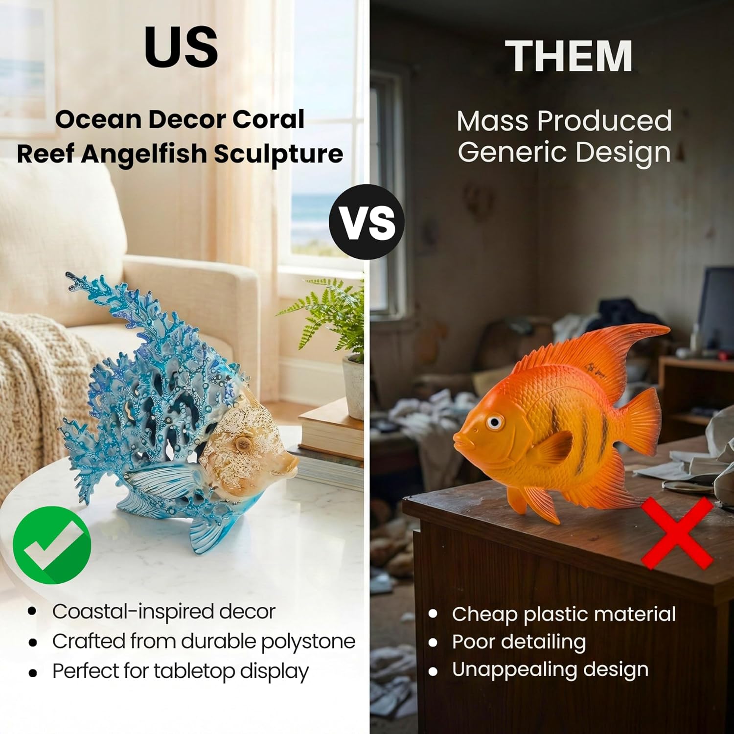 Ocean Decor Coral Reef Angelfish Sculpture Beach Home Decor Coastal Tabletop Collection 11 in x 10 in (Sky Blue)