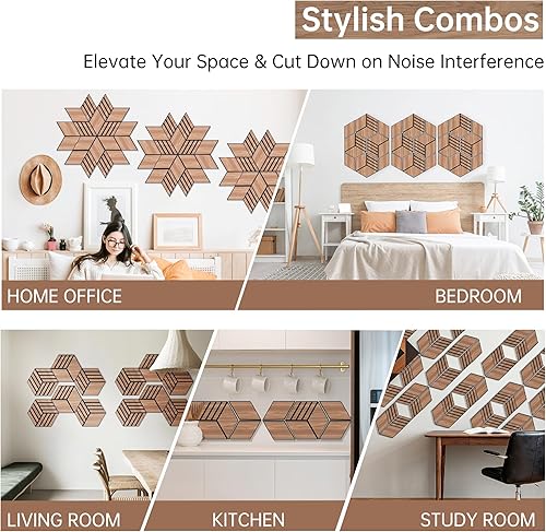 Miniatura 5 de Mollywell Paneles acústicos hexagonales, nogal S4, 14 x 12 x 0.4 pulgadas, paquete de 12 unidades  chapa de madera  Paneles de pared de alta