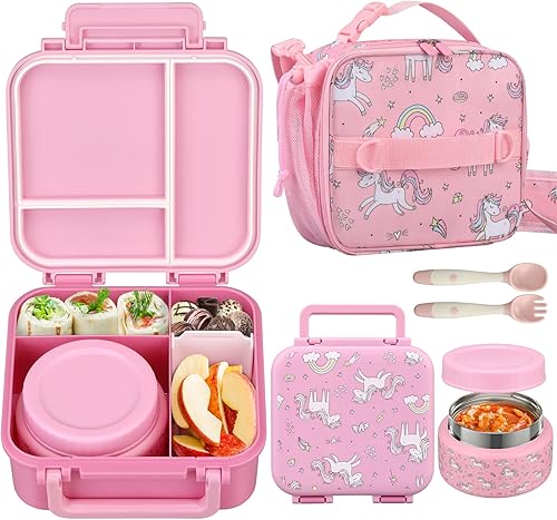 Juego de lonchera para niños con caja Bento, termo de acero inoxidable de 9 onzas y bolsa de almuerzo aislada, contenedor de almuerzo a prueba de