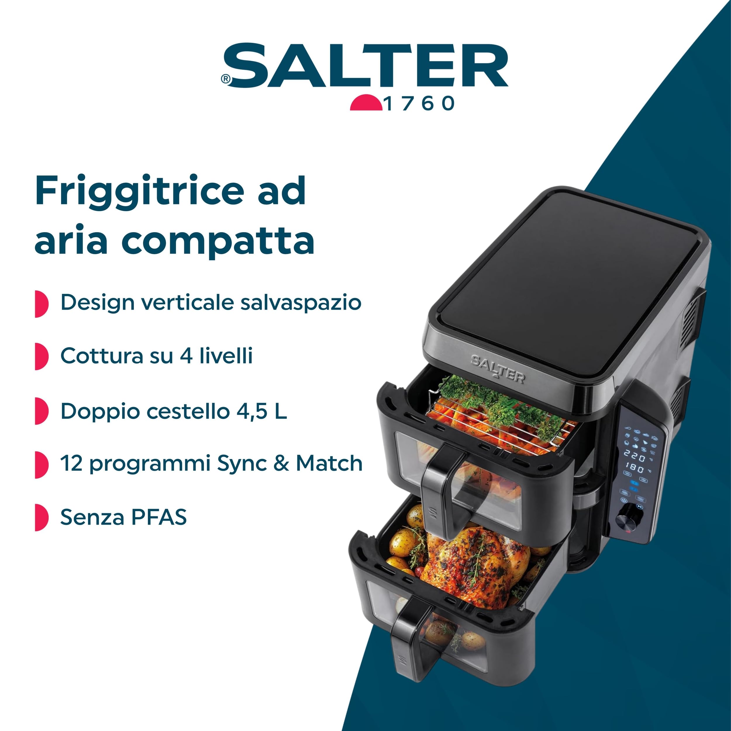 Salter Friggitrice ad aria verticale con doppio cassetto, cuoce su 4 livelli, capacità di 9L attraverso due cestelli da 4.5L, design salvaspazio, 12 funzioni di cottura con Sync & Match, senza PFAS