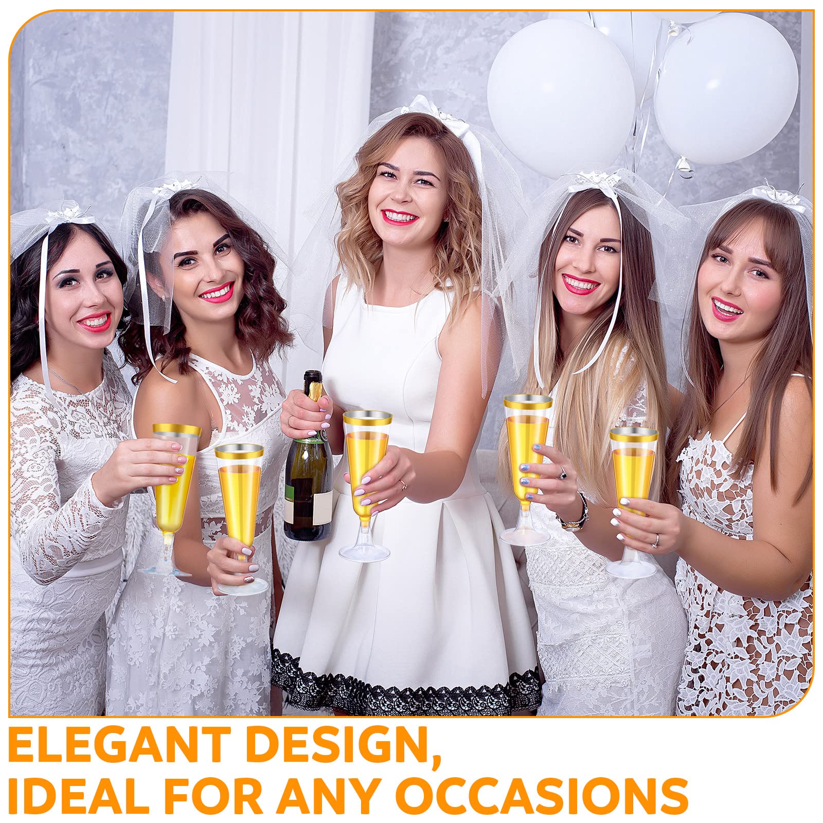 Thenshop 50 Pcs Plastic Champagne Flutes 5.5 oz Clear Disposable Toasting Glasses Cocktail Cups with Rim Detachable Glasses for Wedding Party Birthday Anniversary Celebration (Gold, Clear)