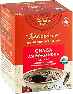 Teeccino Chaga Ashwagandha Tea - Butterscotch Cream - Organic Mushroom Adaptogenic Herbal Tea, 3x More Herbs than Regular Tea Bags, Prebiotic, Caffeine Free, Gluten Free - 10 Tea Bags