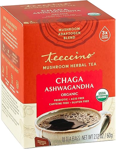 Teeccino Mushroom Adaptogen Tea – Chaga Ashwagandha té de hierbas de asado francés con setas de Chaga cosechadas salvajes y raíz de Ashwagandha disponible en Yaxa Colombia