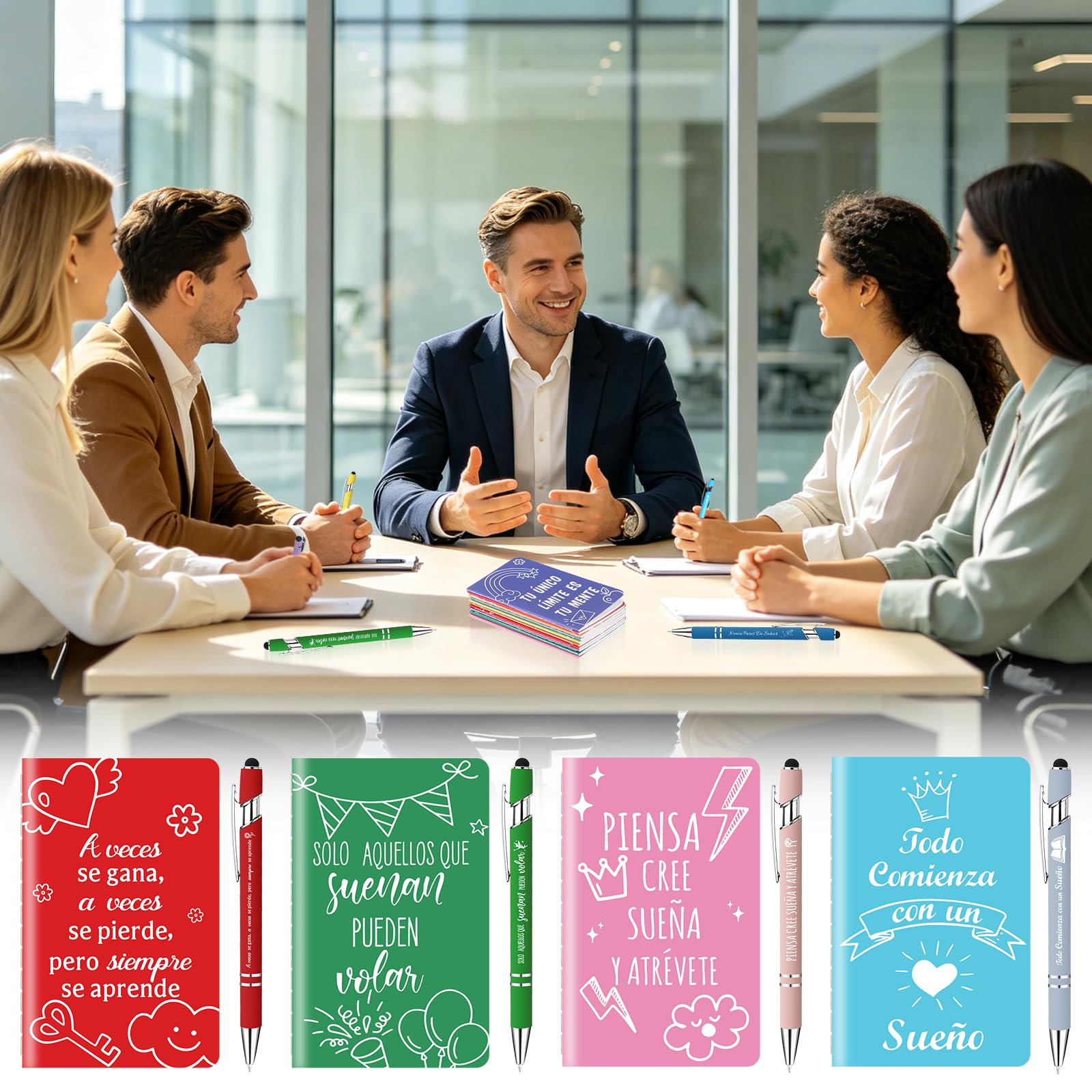 12 libretas en formato mini y 12 bolígrafos con frases motivadoras en español: el regalo ideal para estudiantes, profesores, colegios y oficinas.