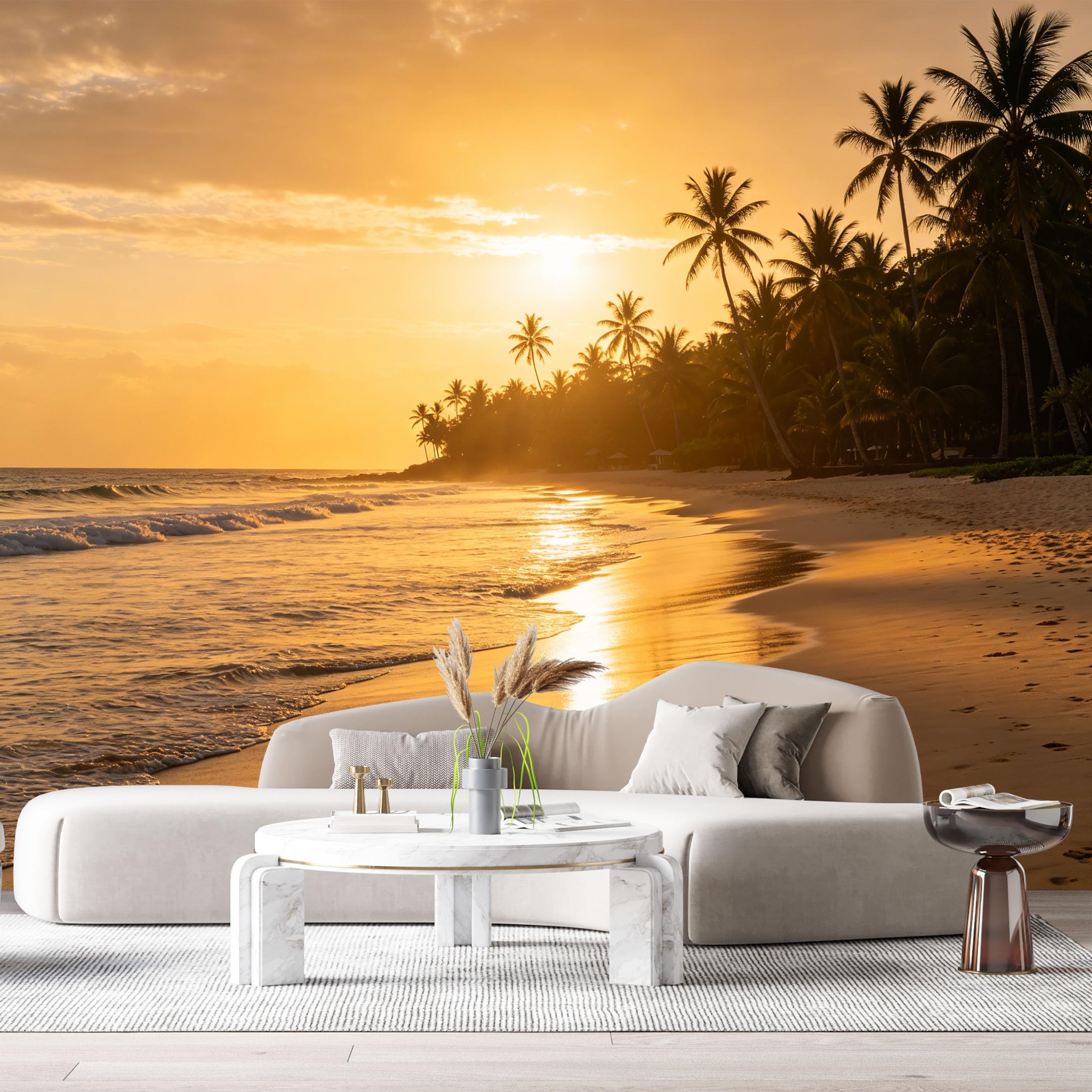 Custom Size Wall Murals Tropical Beach Sunset Coastal Landscape Palm Trees SelfAdhesive Wall Fabric Removable Large Wallpaper for Photo Living Room Interior Decor Wall Art Mural