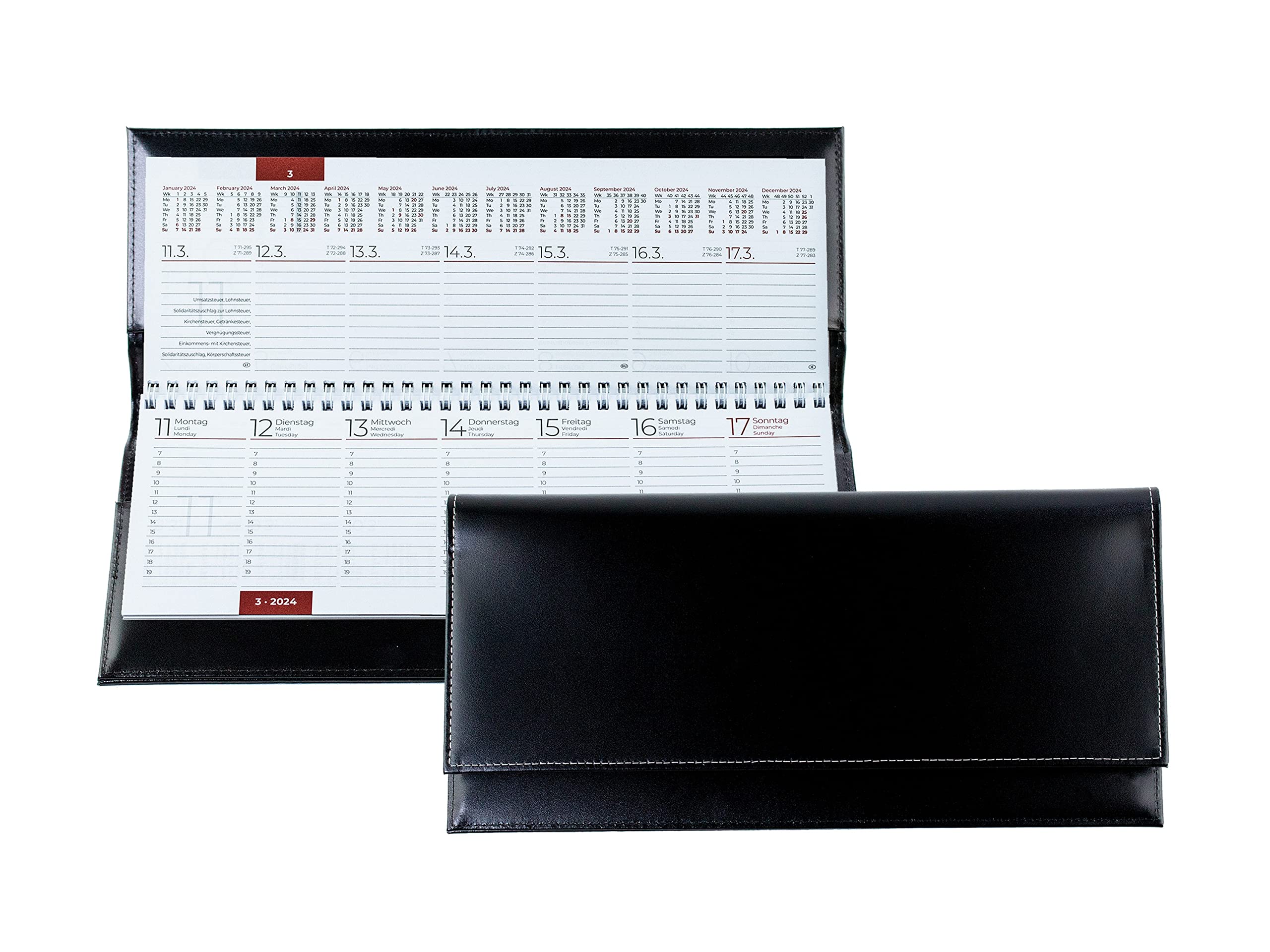 DELMON VARONE - Tischquerkalender 2027 Cambridge Top Grain Leder Schwarz - Tischkalender Quer 1 Woche auf 2 Seiten - Wochenplaner Kalender für Büro, Schreibtisch Wochenkalender Organizer