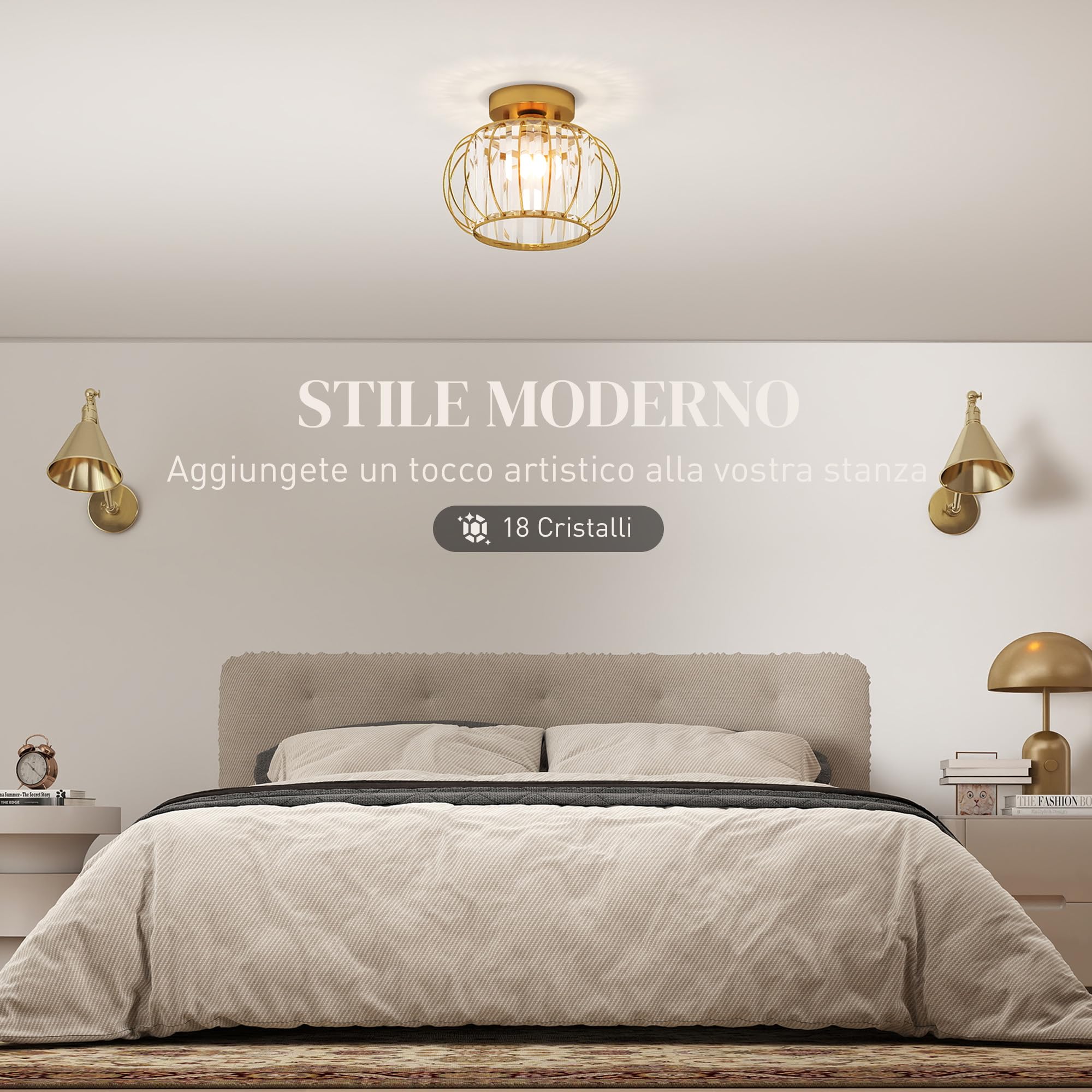 HOMCOM Plafoniera LED Moderna a Gabbia con 18 Cristalli Ø27x19 cm Oro | Minimal, Lampadario LED in Metallo, Camera da Letto