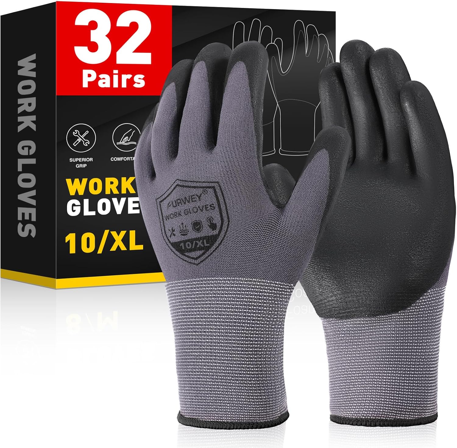 Safety Work Gloves-16/32 Pairs, Micro Foam Nitrile Coated Glove,Seamless Knit Nylon Gloves for Men Women（S-XL