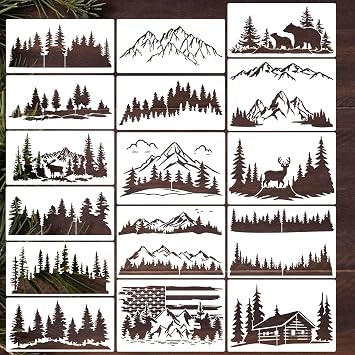 Pine Tree & Mountain Animal Stencils for Wood Burning, Painting & Decorating, 16pcs Reusable & Washable PET Plastic, 12x8 & 12x6 Inch