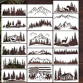 Pine Tree & Mountain Animal Stencils for Wood Burning, Painting & Decorating, 16pcs Reusable & Washable PET Plastic, 12x8 & 12x6 Inch