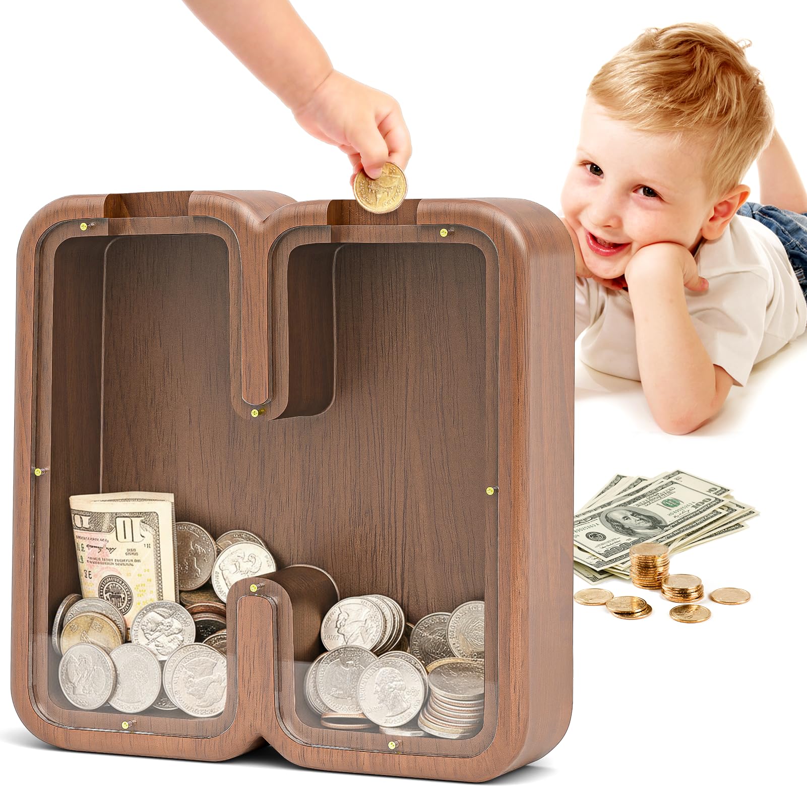 Summidate Letter Piggy Bank for Smarts Kids Girls Wooden Savings Box for Boys Coin Banks for Baby,Personalized Cute Initial Money Banks, Birthday Gift