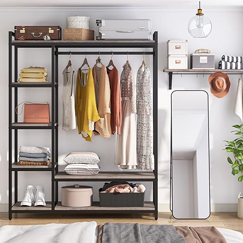 Miniatura 6 de LITTLE TREE Organizador de armario independiente armario de ropa resistente perchero portátil con estantes de 6 niveles y barra para colgar marco de