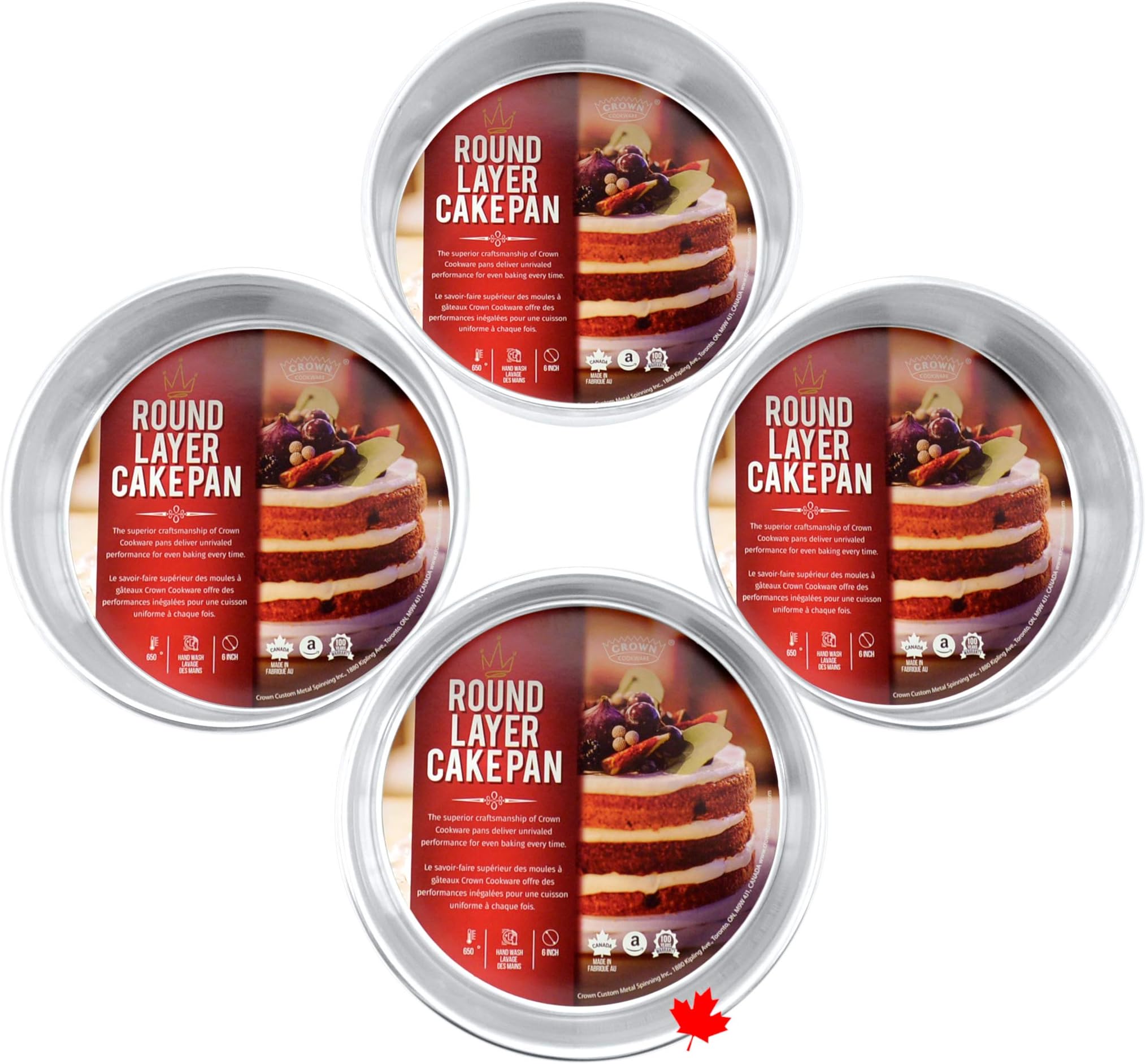 Crown 6" cake pan set of 4, 3 inch Deep, Heavy Duty, Fully Straight Sides, Made in Canada, Six inch Cake Pan