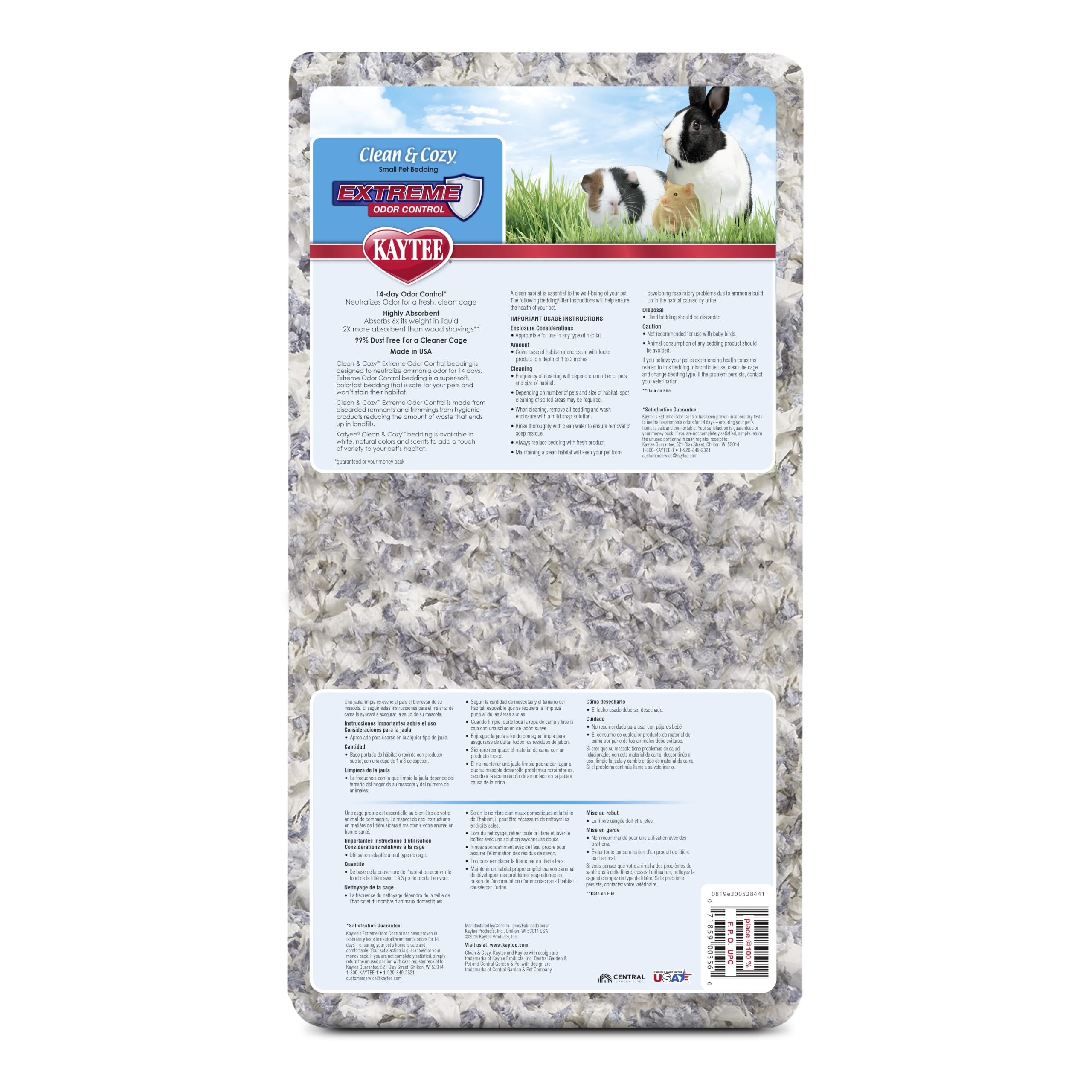 Kaytee podściółka Clean & Cozy dla małych zwierząt domowych, myszy, myszoskoczków, gryzoni, chomików, królików, kontrola zapachu, superchłonna podściółka papierowa, 99,9% bezpyłowa, 24,6 litra