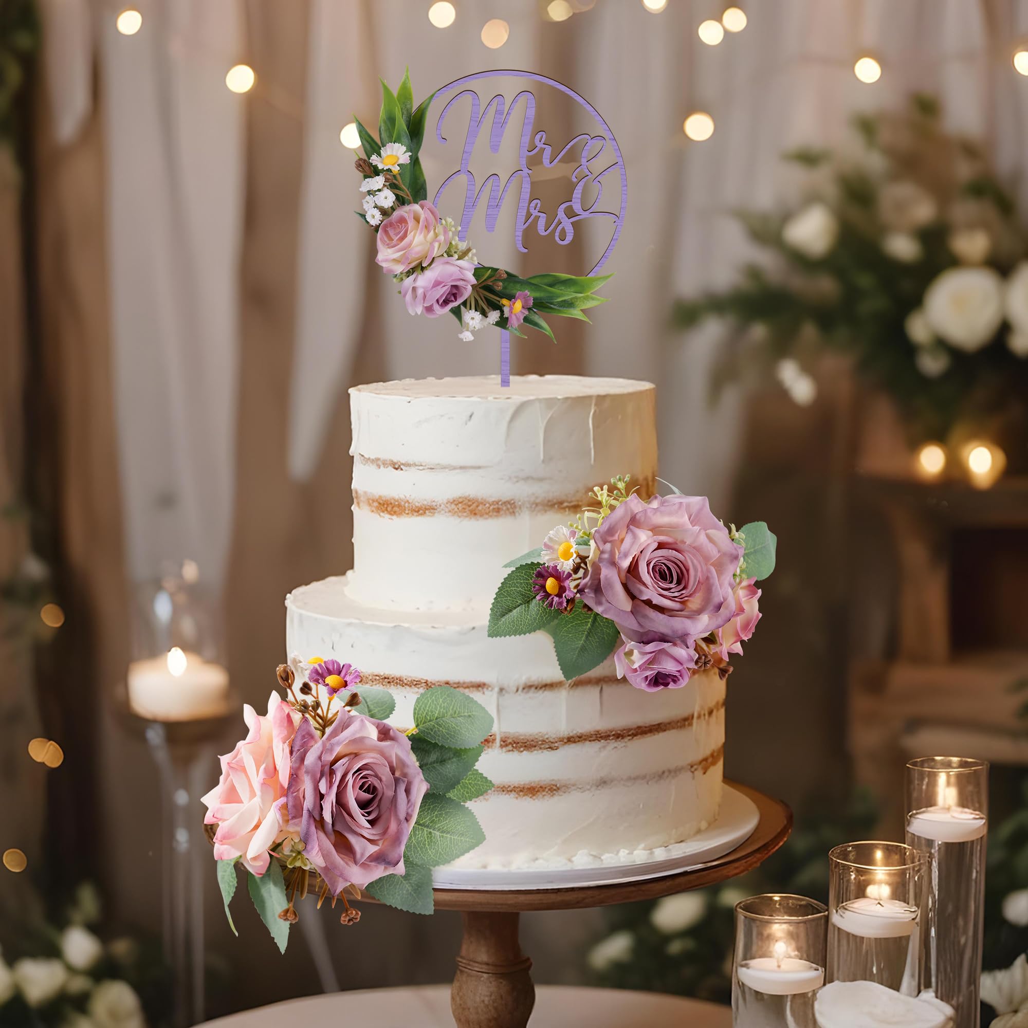 1 Pièce Bois Mr&Mrs Cake Topper Mariage & 2 Pièces Roses Violette‌s 3D Fleurs Artificielles Décoration Gâteau Mariage（Violet‌）