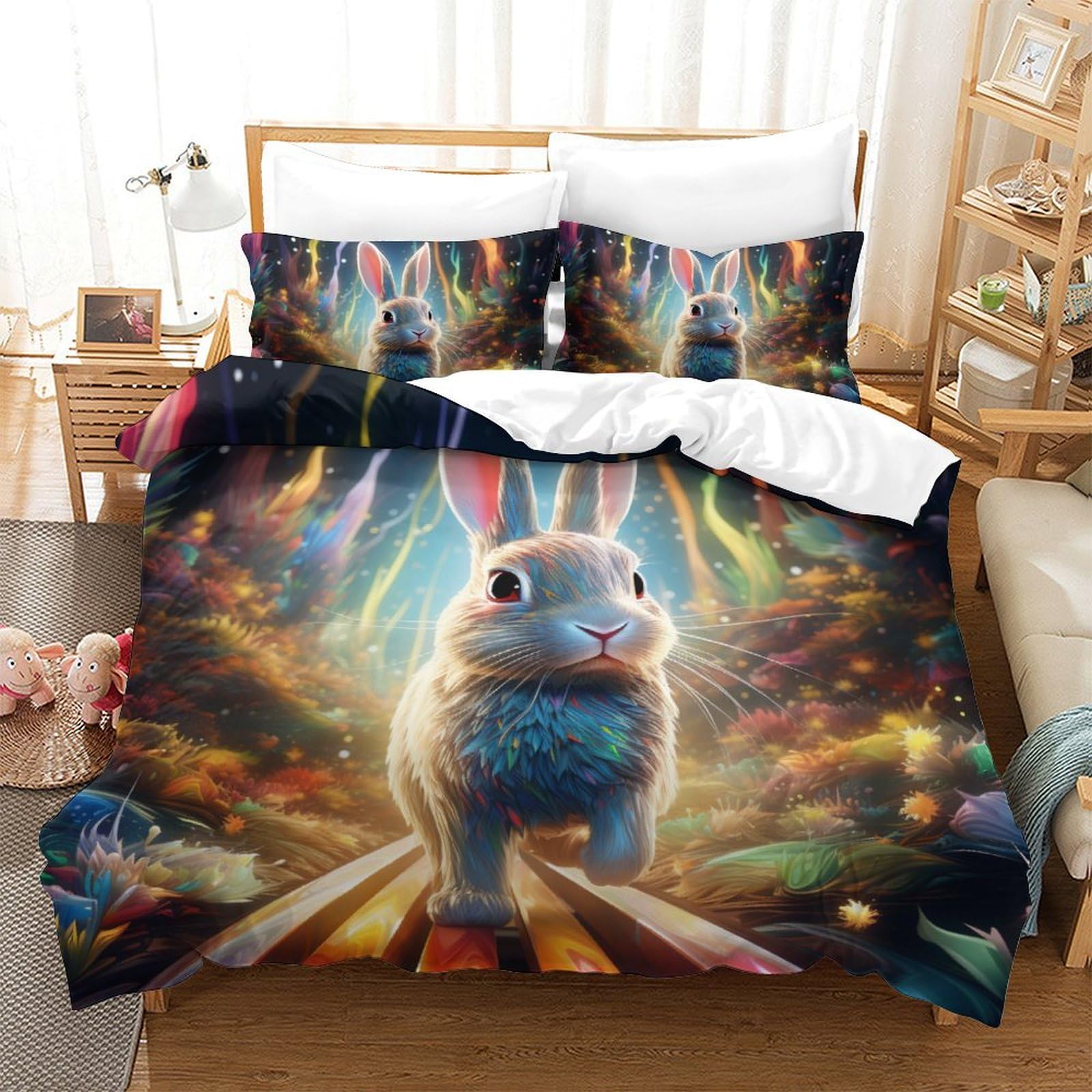 Housse de couette lapin zippée en microfibre douce anti-plis