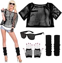 BOFUNX Set di Costumi Anni 80 per Donna - Kit Travestimento con Maglietta a Rete, Occhiali Retrò, Scaldamuscoli Neon, Guanti per Carnevale, Festa, Cosplay