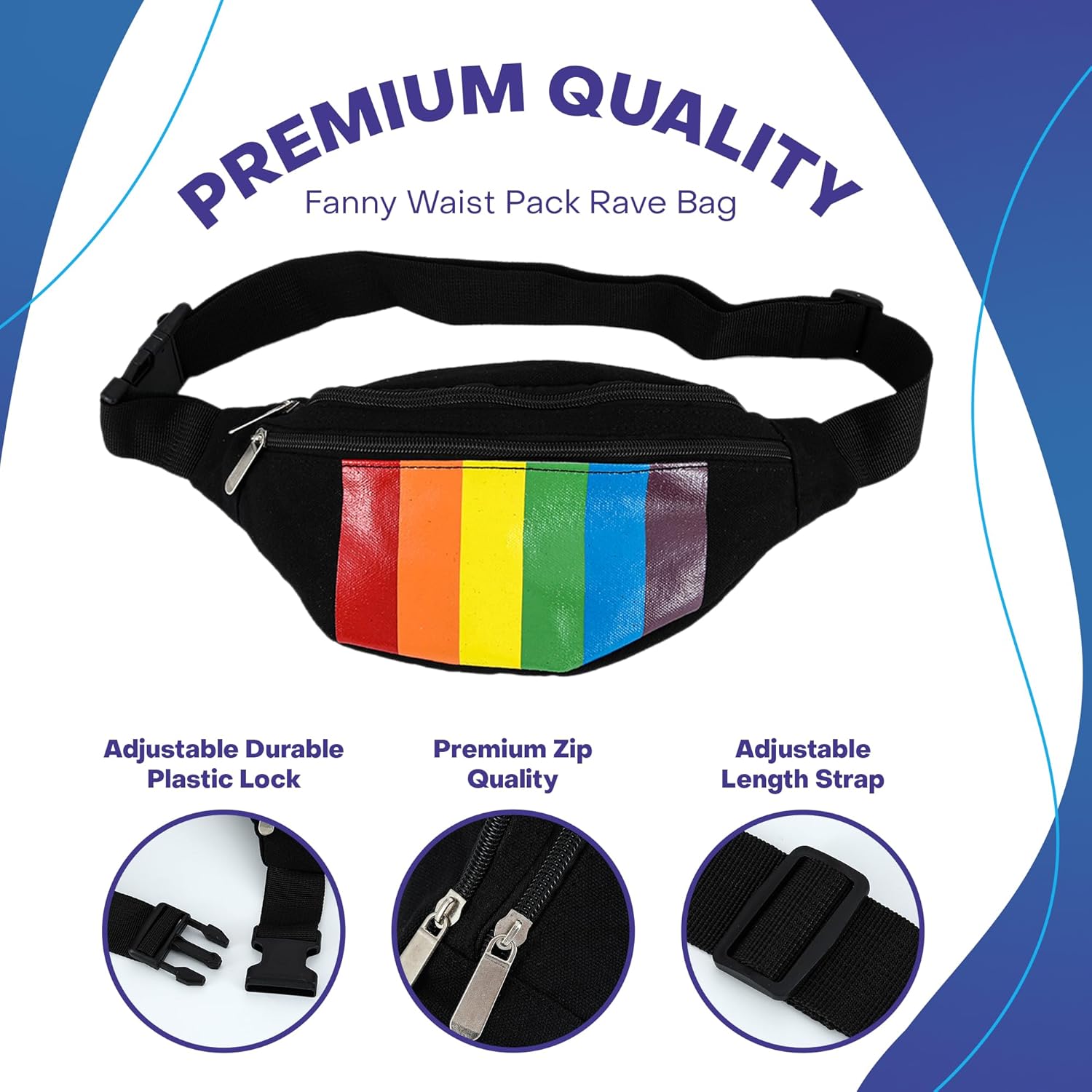Rave Envy Pride Bi Fanny Waist Pack Bag - Festival Phanny Packs - Black with Vertical Rainbow Stripes - Image 4