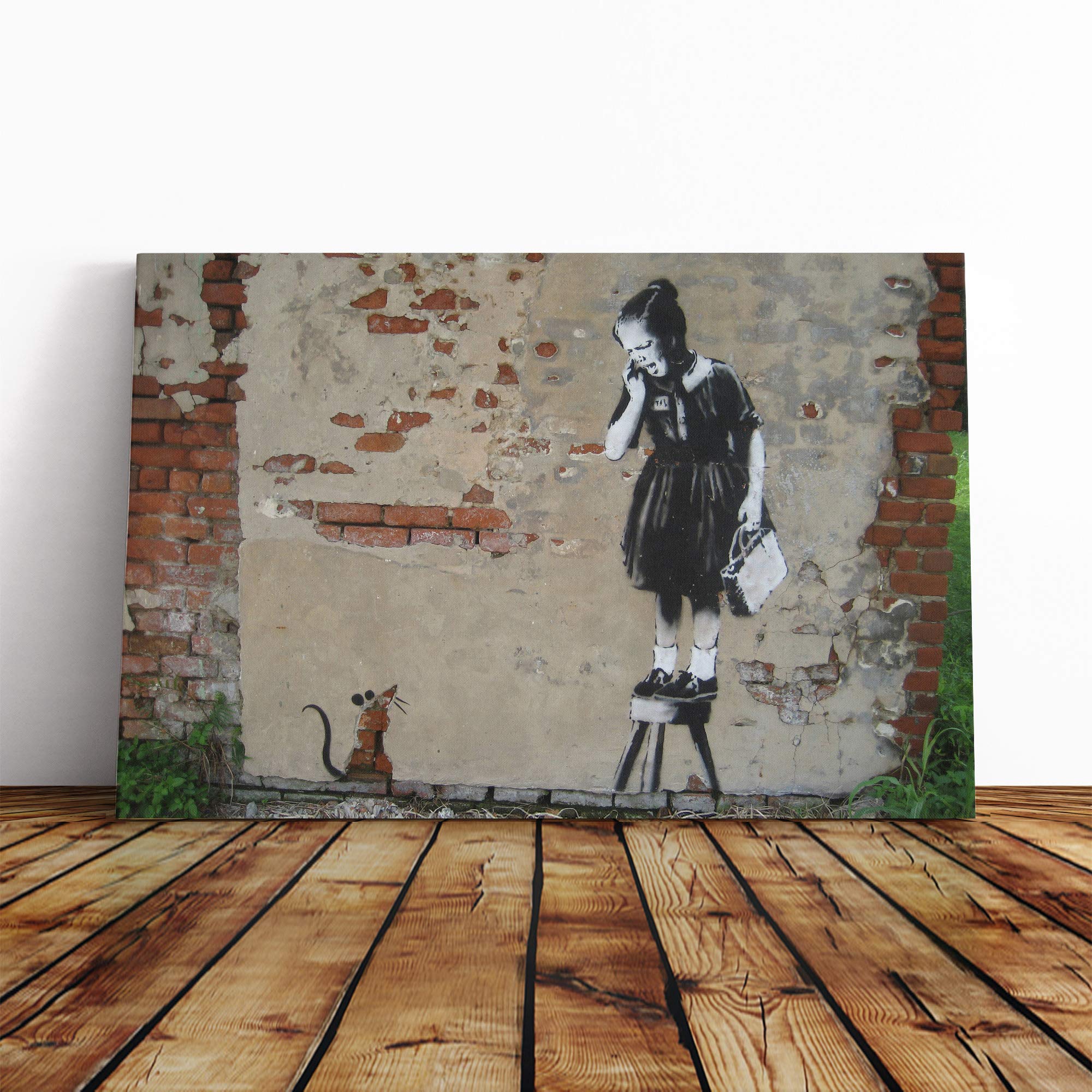 Banksy Girl and Rat Graffiti Wall Art Canvas Print | Gallery Wrapped 30mm Frame Wall Decor | 20x14 inches | Ready to Hang | Pop Art People Picture | Living Room Bedroom Lounge Office