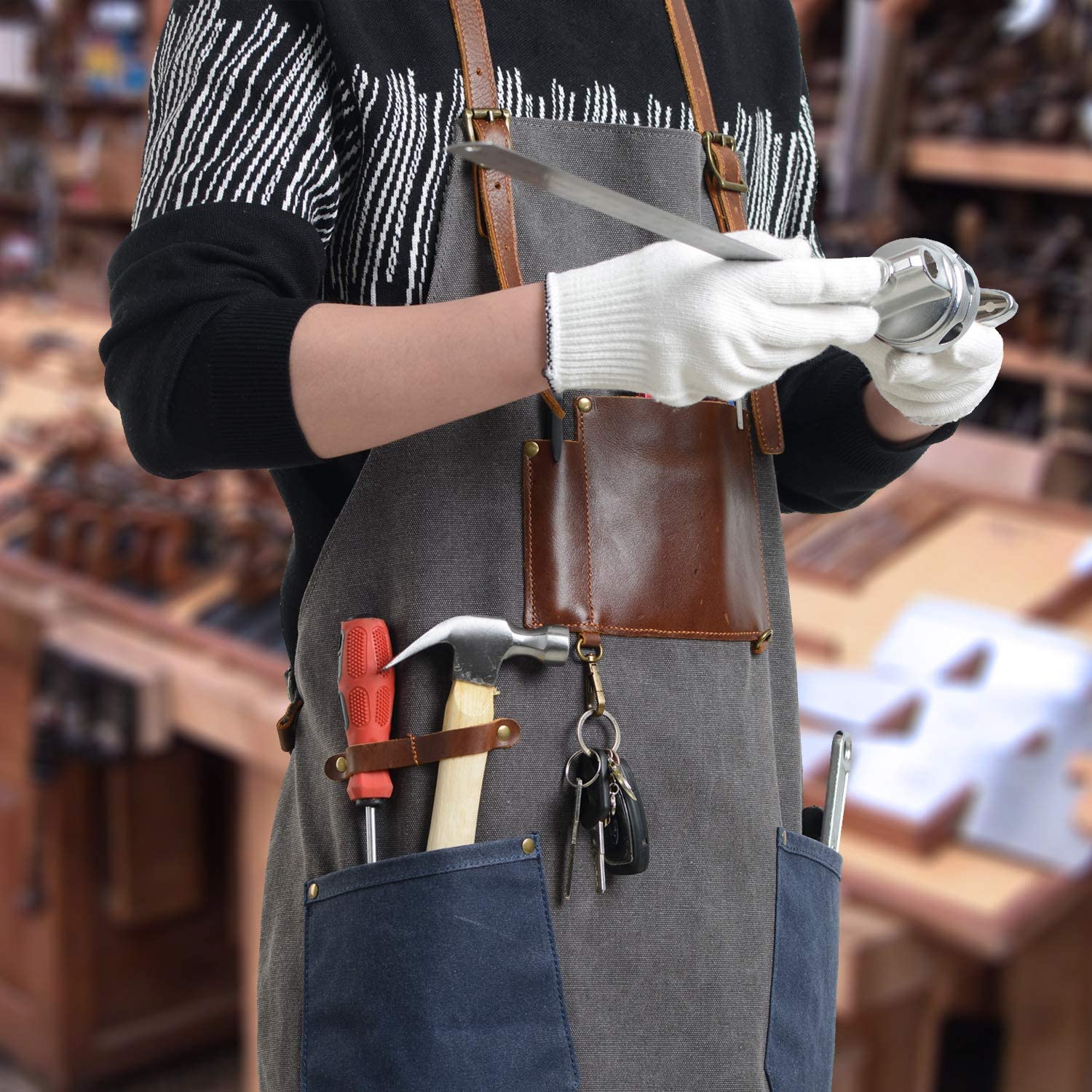 Flipzon Arbeitsschürze für Männer und Frauen, strapazierfähig, Canvas, Herrenschürze für Holzarbeiten, Barber, Schmid, Schreiner, Barista, Kreuz-Rücken-Riemen-Design, verstellbar S bis XXXL (grau)